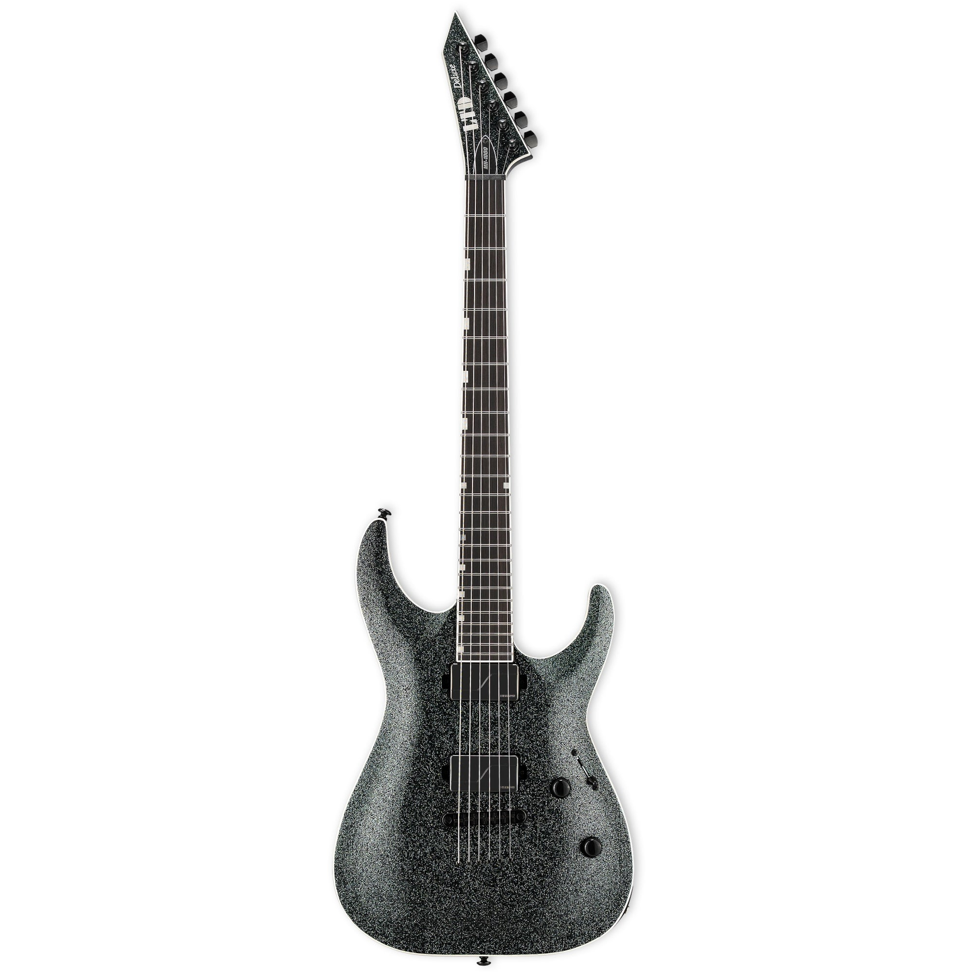 Een zwarte elektrische gitaar met glitterafwerking, zwarte hardware en zes snaren.