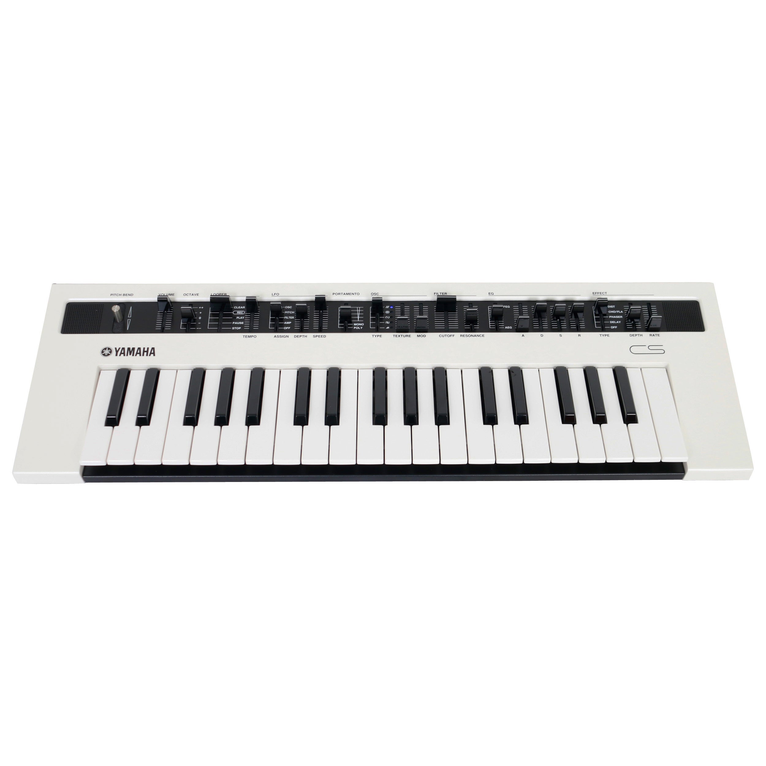Een wit Yamaha CS-synthesizer toetsenbord met zwarte toetsen en bedieningselementen.