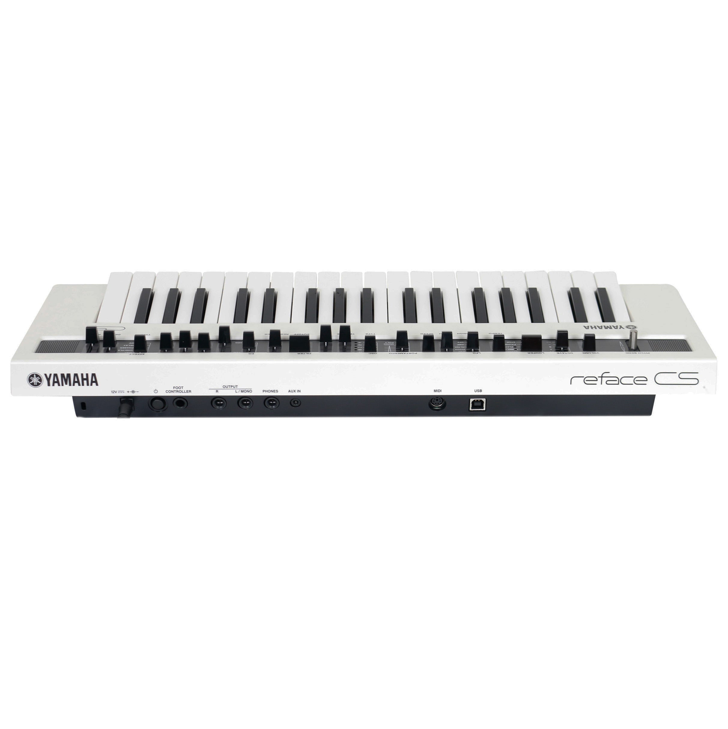 Wit Yamaha reface CS synthesizer toetsenbord met zwarte toetsen en bedieningselementen.