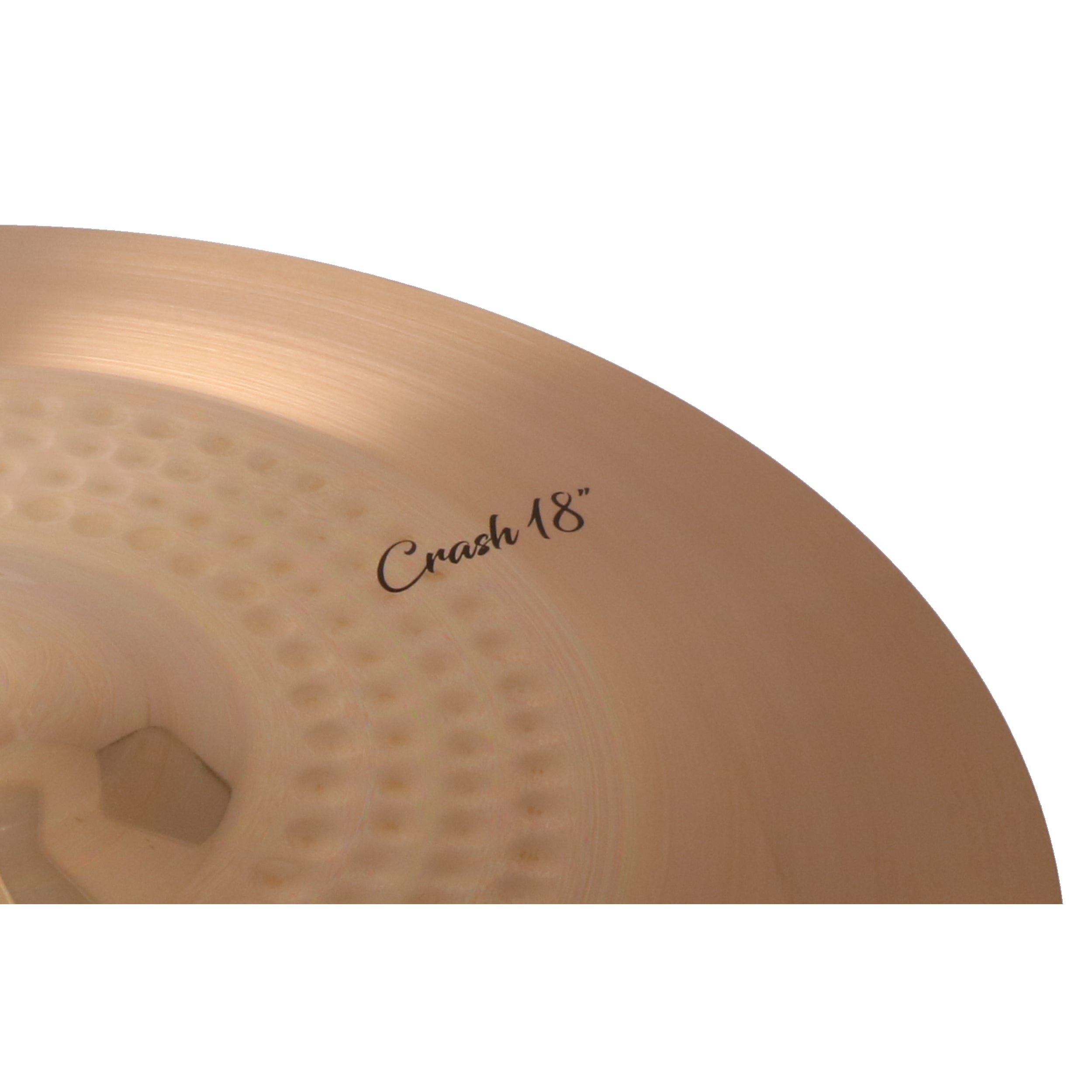 A close-up of a bronze cymbal with "Crash 18" written on it.