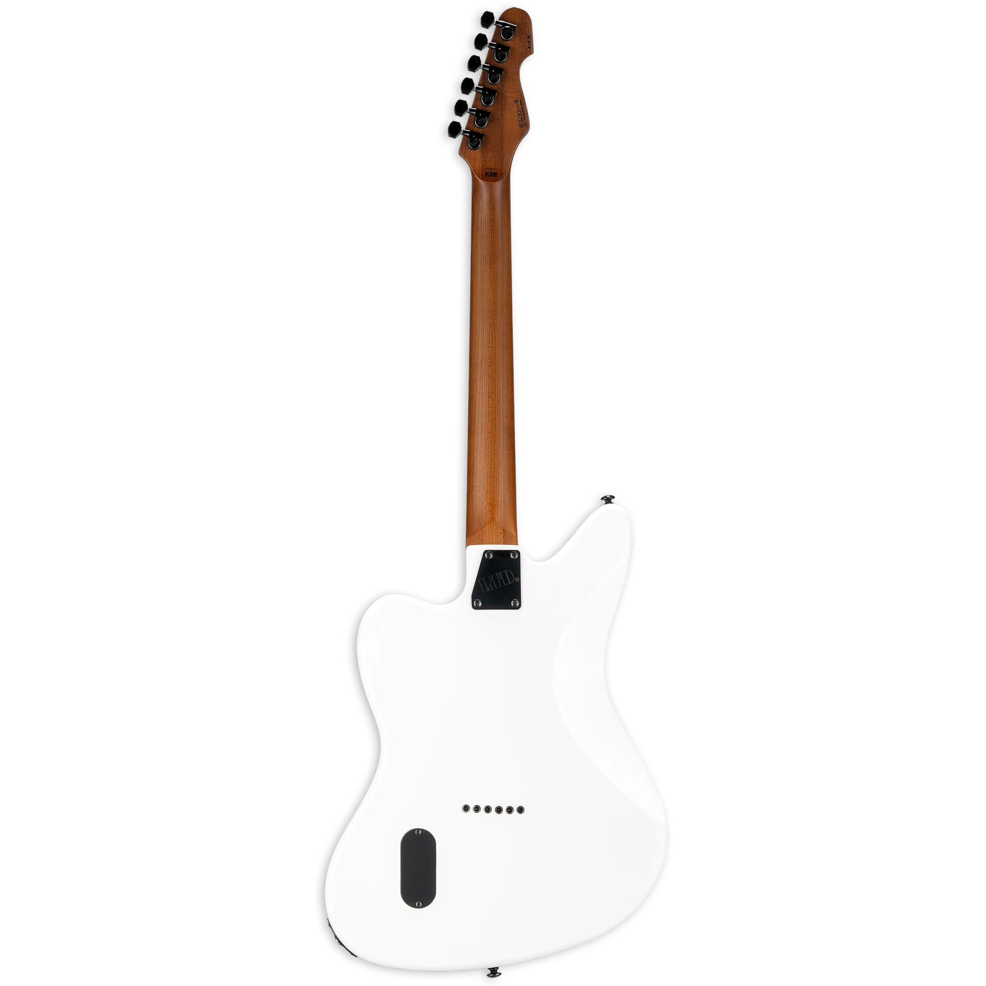 Achterkant van een witte elektrische gitaar met bruine hals en zwarte stemknoppen.