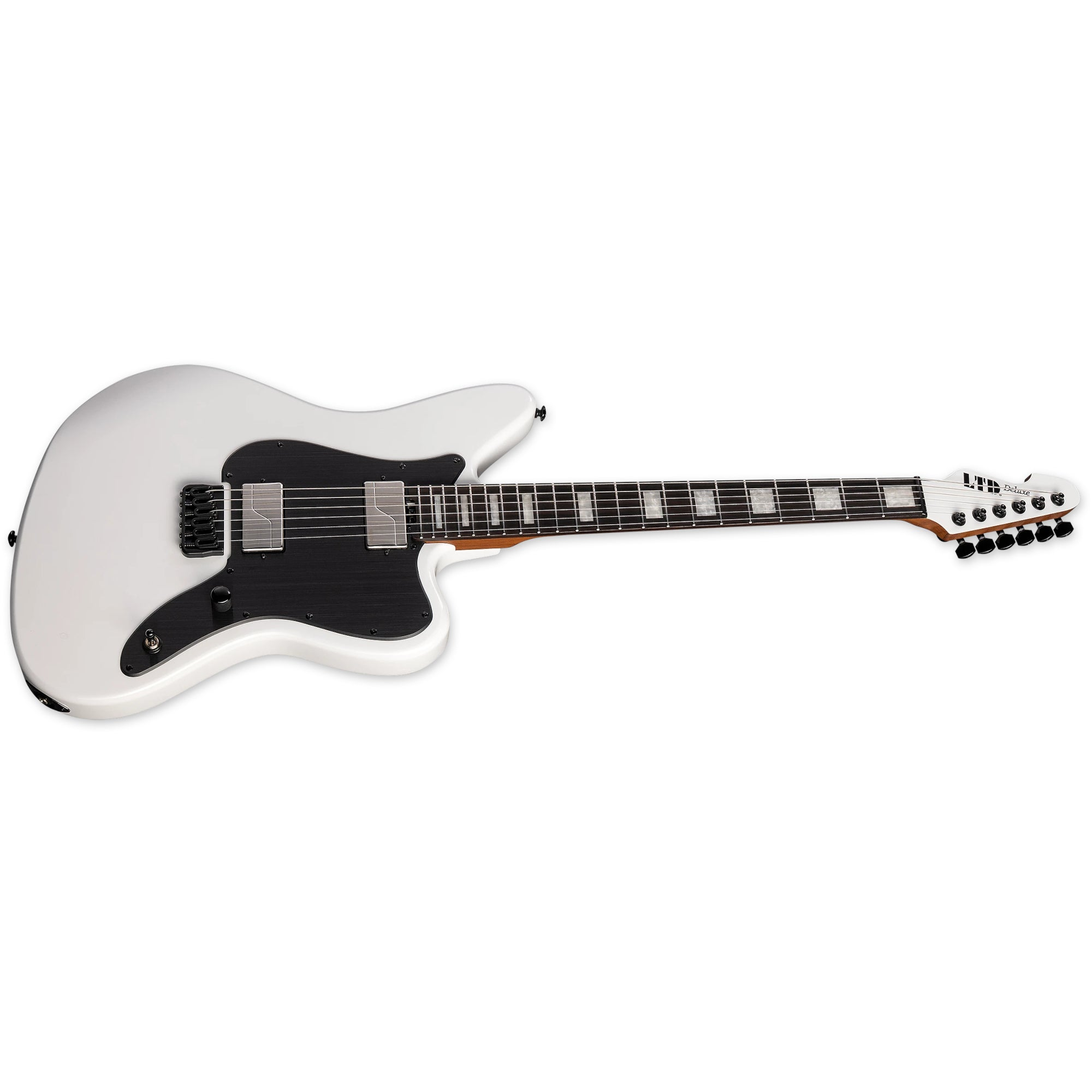 Een witte elektrische gitaar met zwart slagplaat en toets, op witte achtergrond.