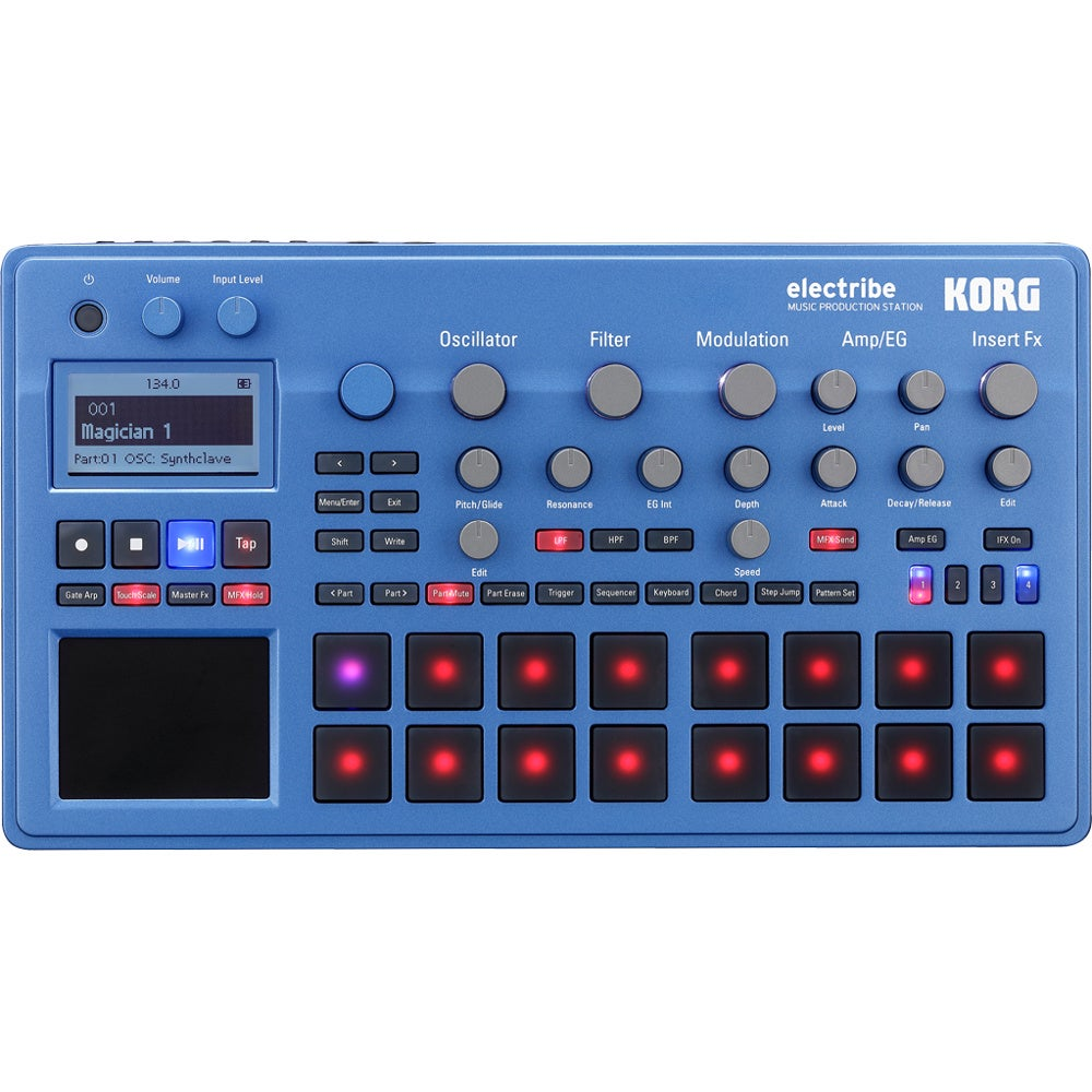 A blue Korg Electribe music production synthesizer with numerous knobs and illuminated pads.