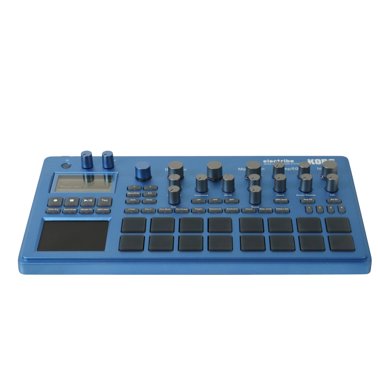 A blue Korg Electribe synthesizer keyboard with knobs, pads, and a small screen.