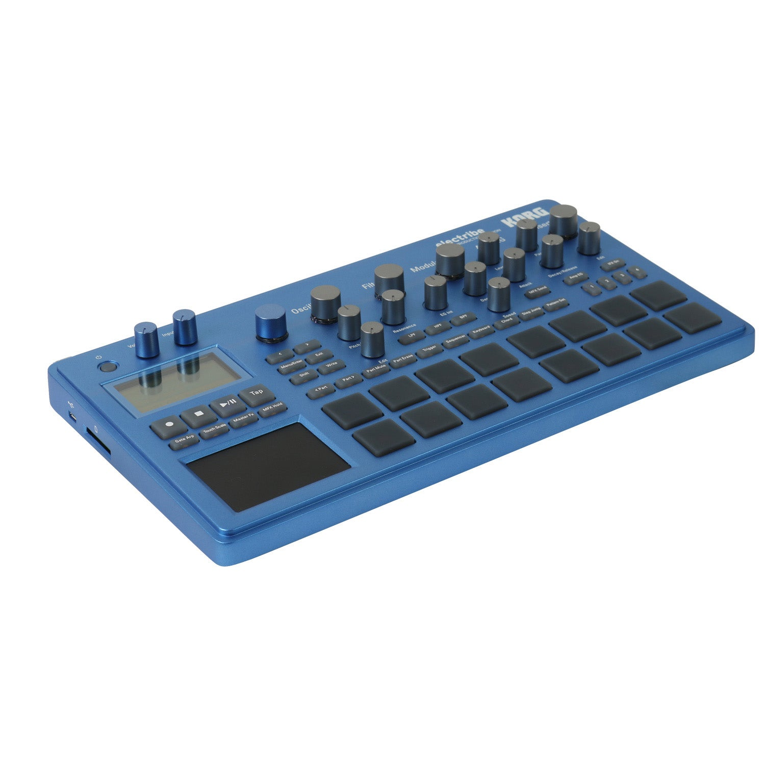 Blue Korg Electribe synthesizer with knobs, buttons, and a touch pad. White background.