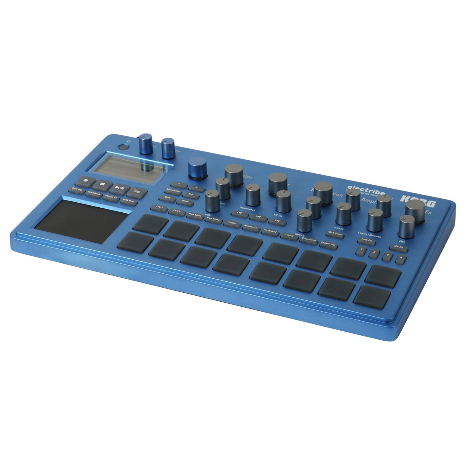 A blue Korg Electribe music production synthesizer with many knobs and pads.