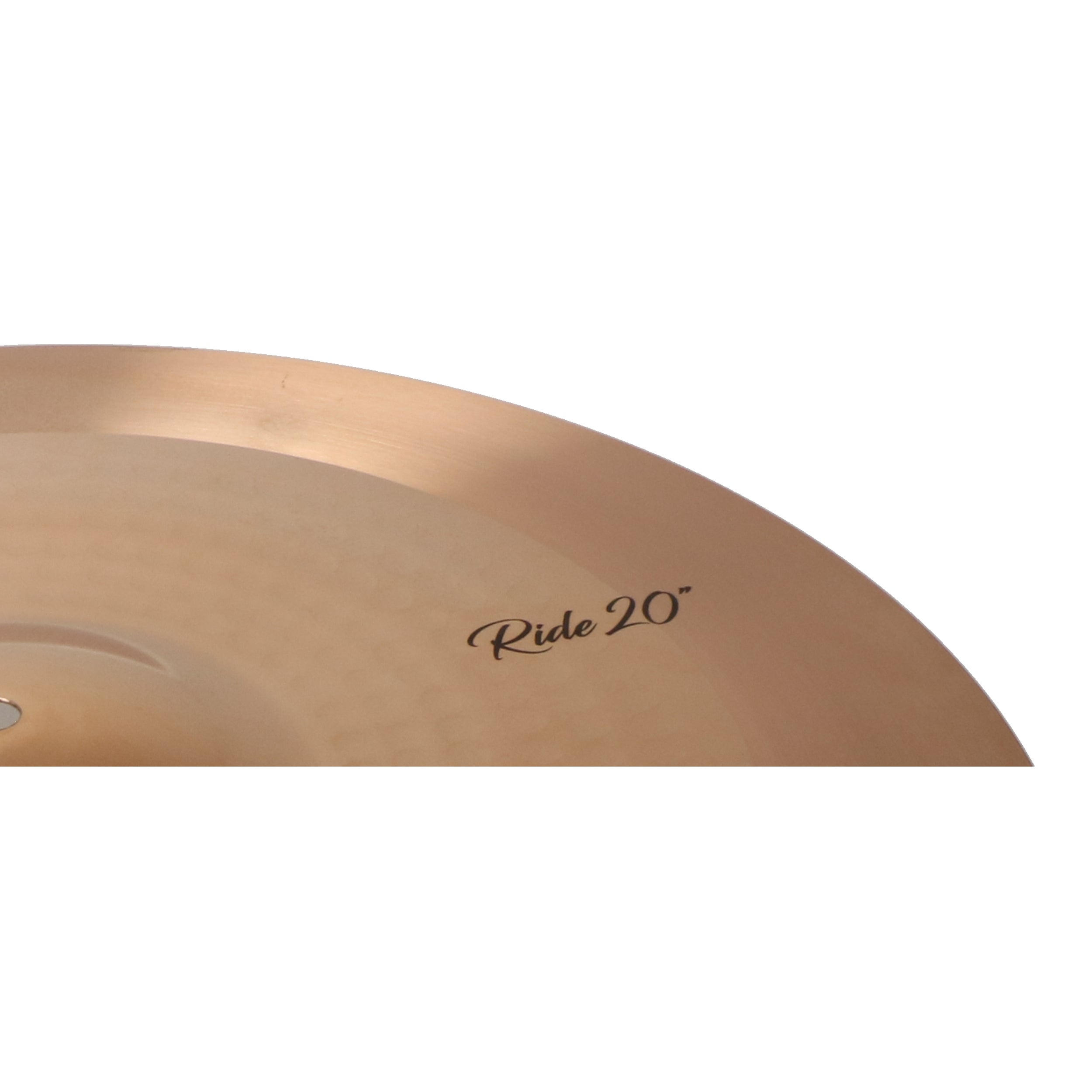 A bronze 20 inch ride cymbal with 'Ride 20"' inscribed.