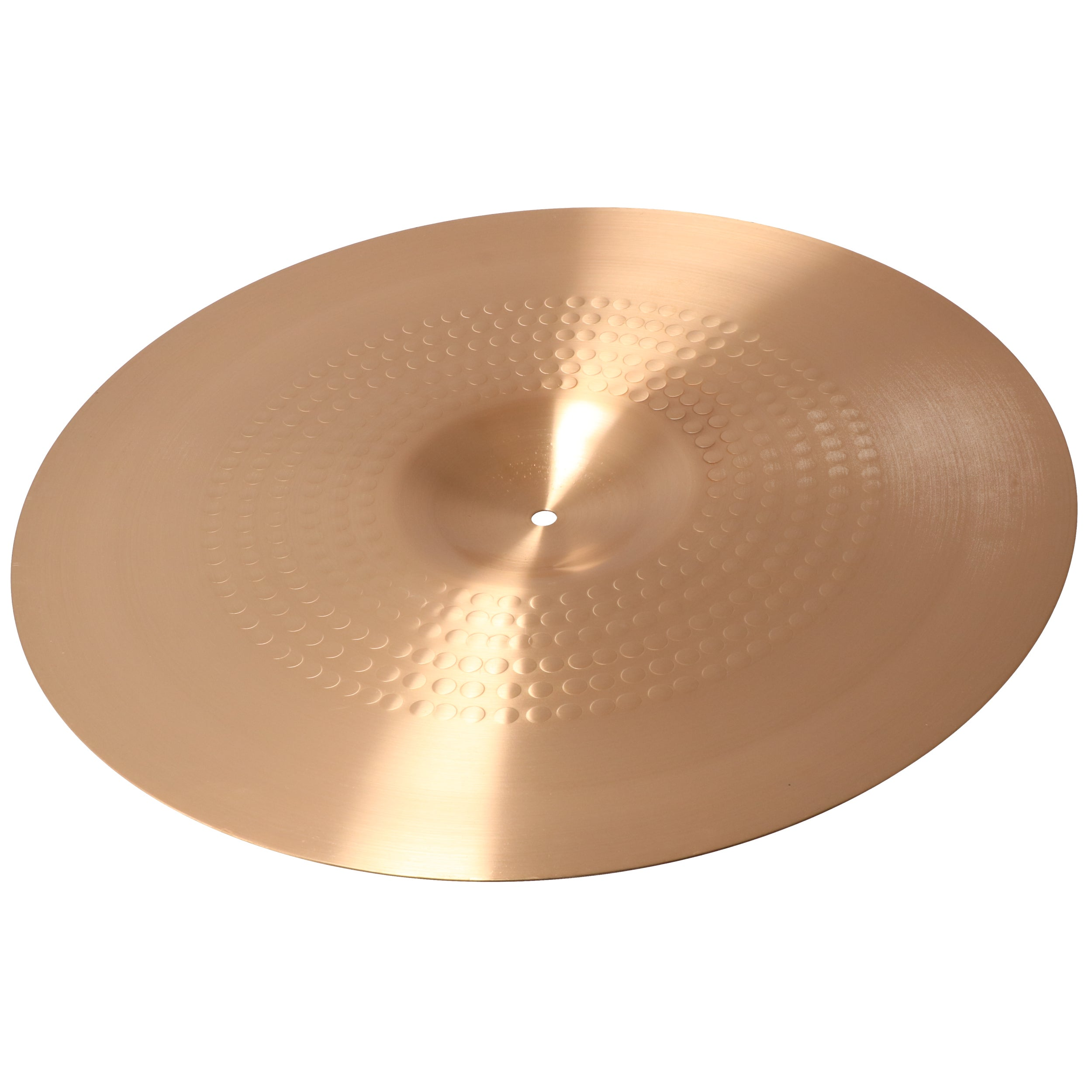 A golden cymbal with a hole in the center and embossed circles.