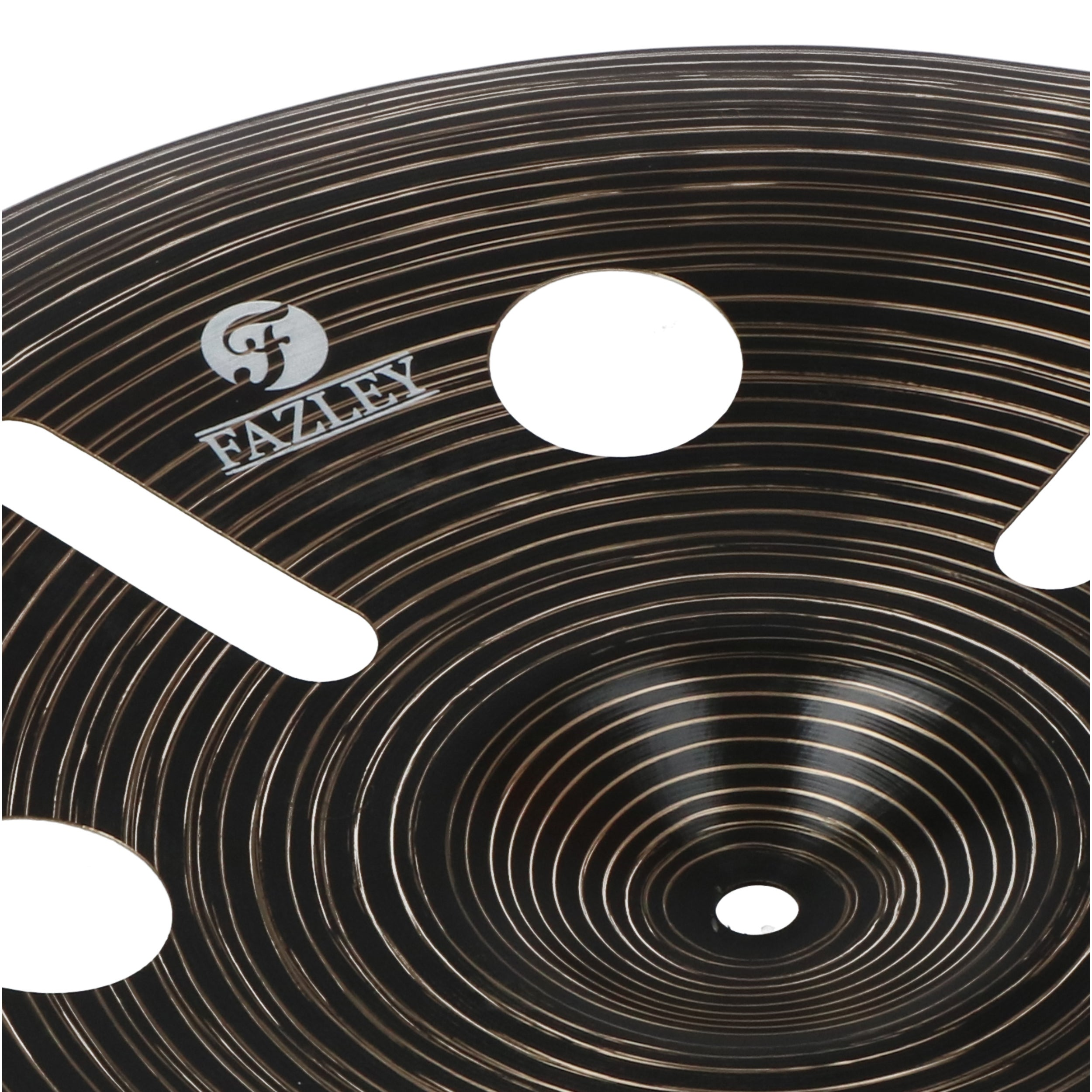 Dark cymbal with concentric lines and cut-out holes. Features logo.