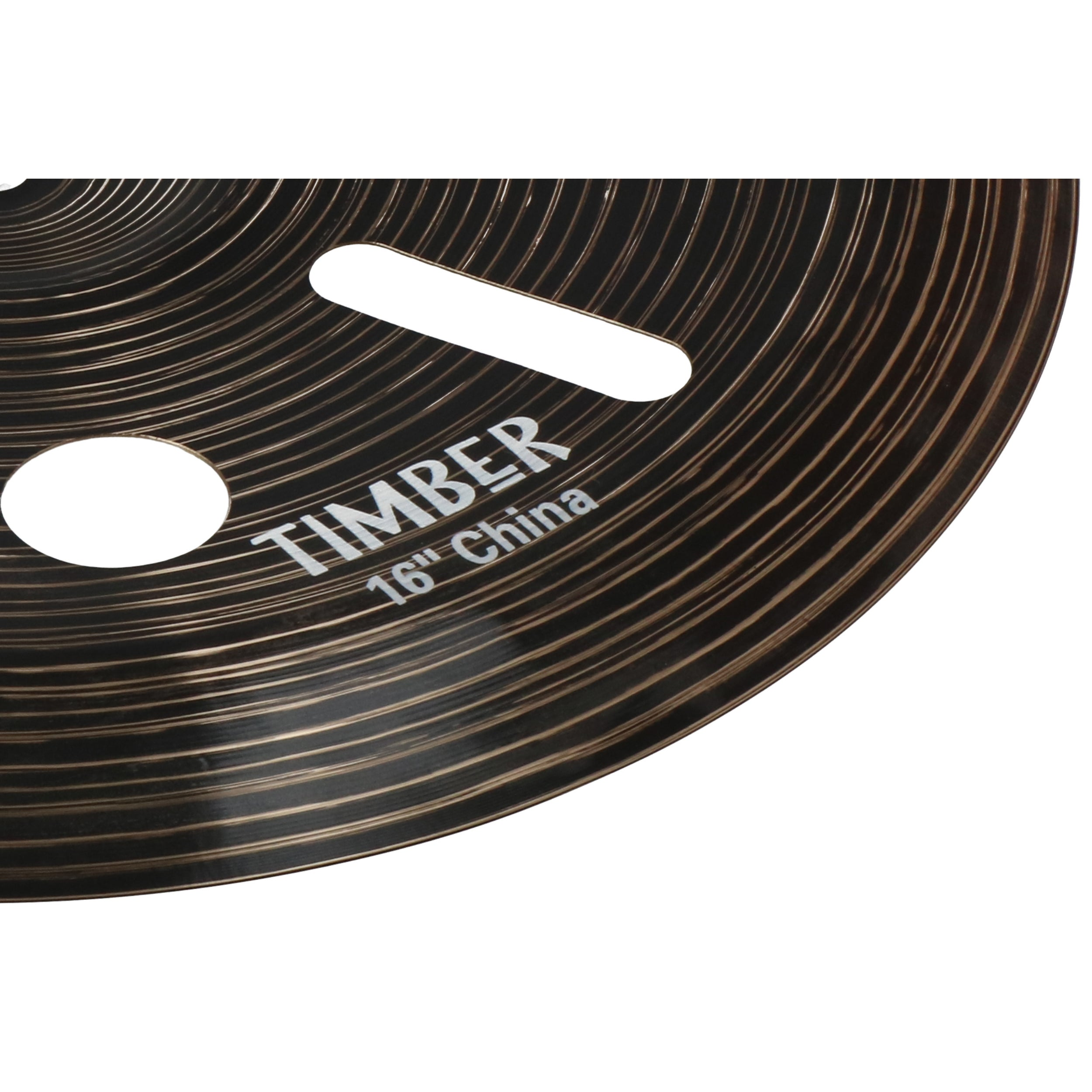 Dark China cymbal with ring pattern and white text 'TIMBER 16" China'.