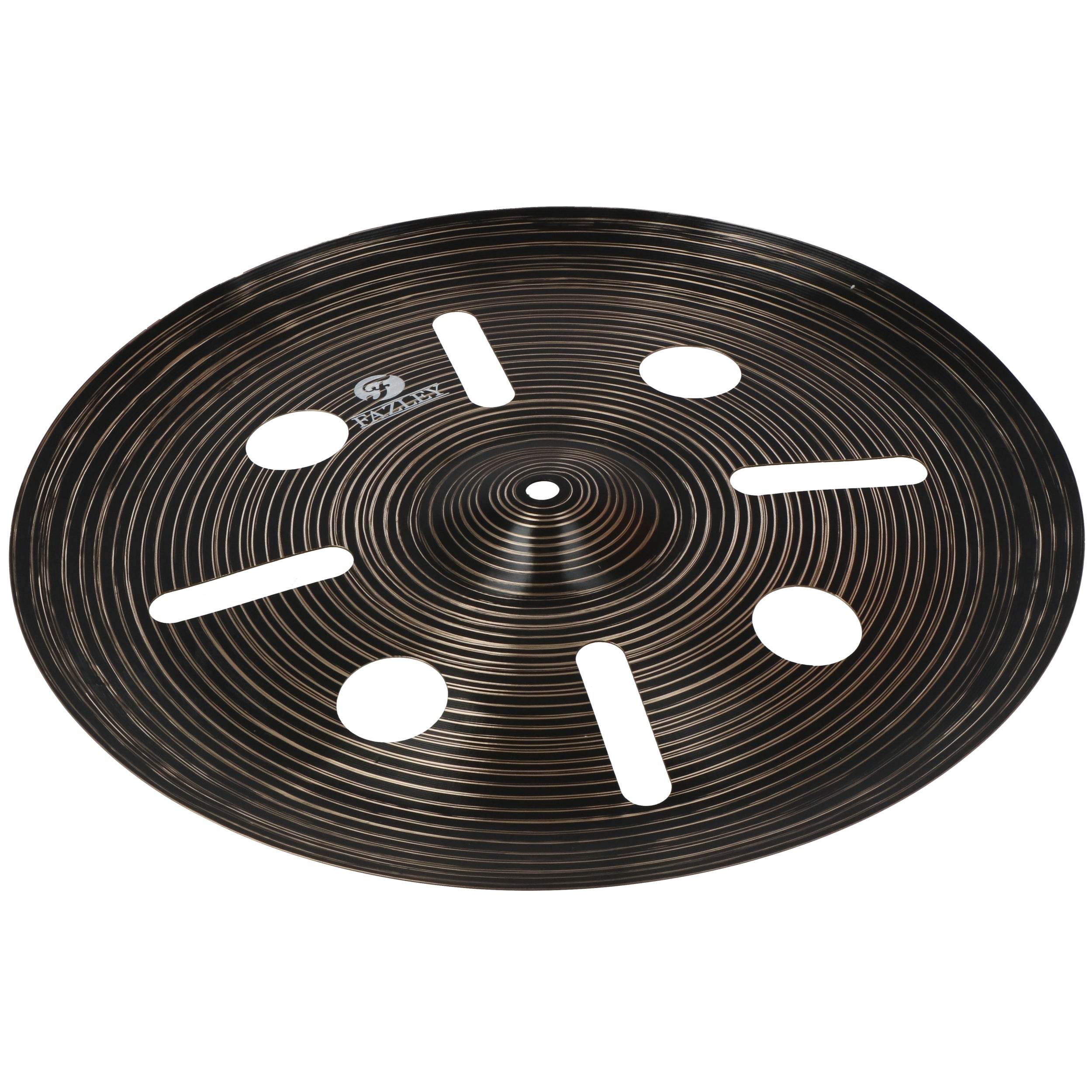 Dark cymbal with concentric grooves and several cut-out shapes.