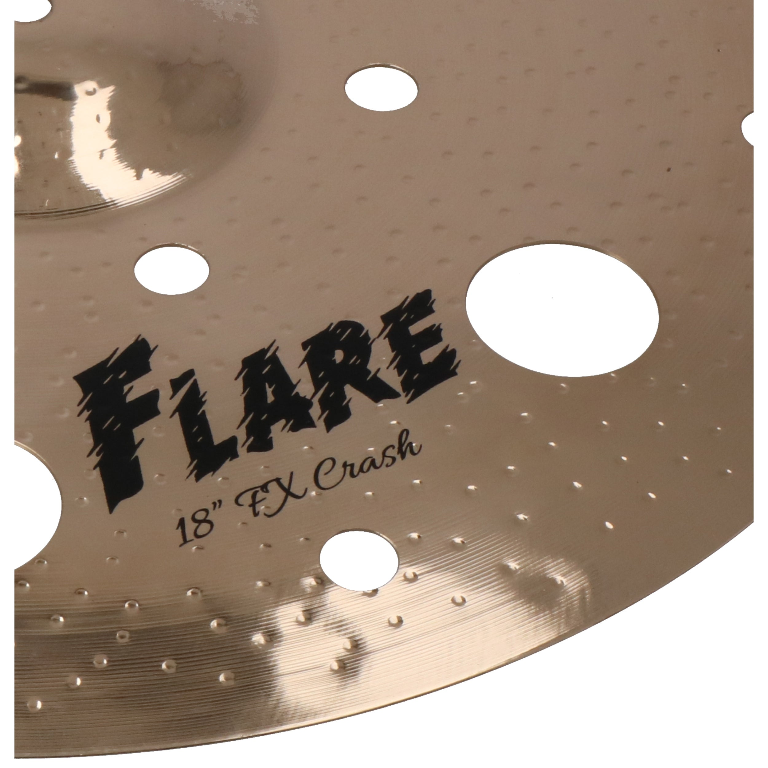 A golden cymbal with black lettering 'FLARE 18" FX Crash'.