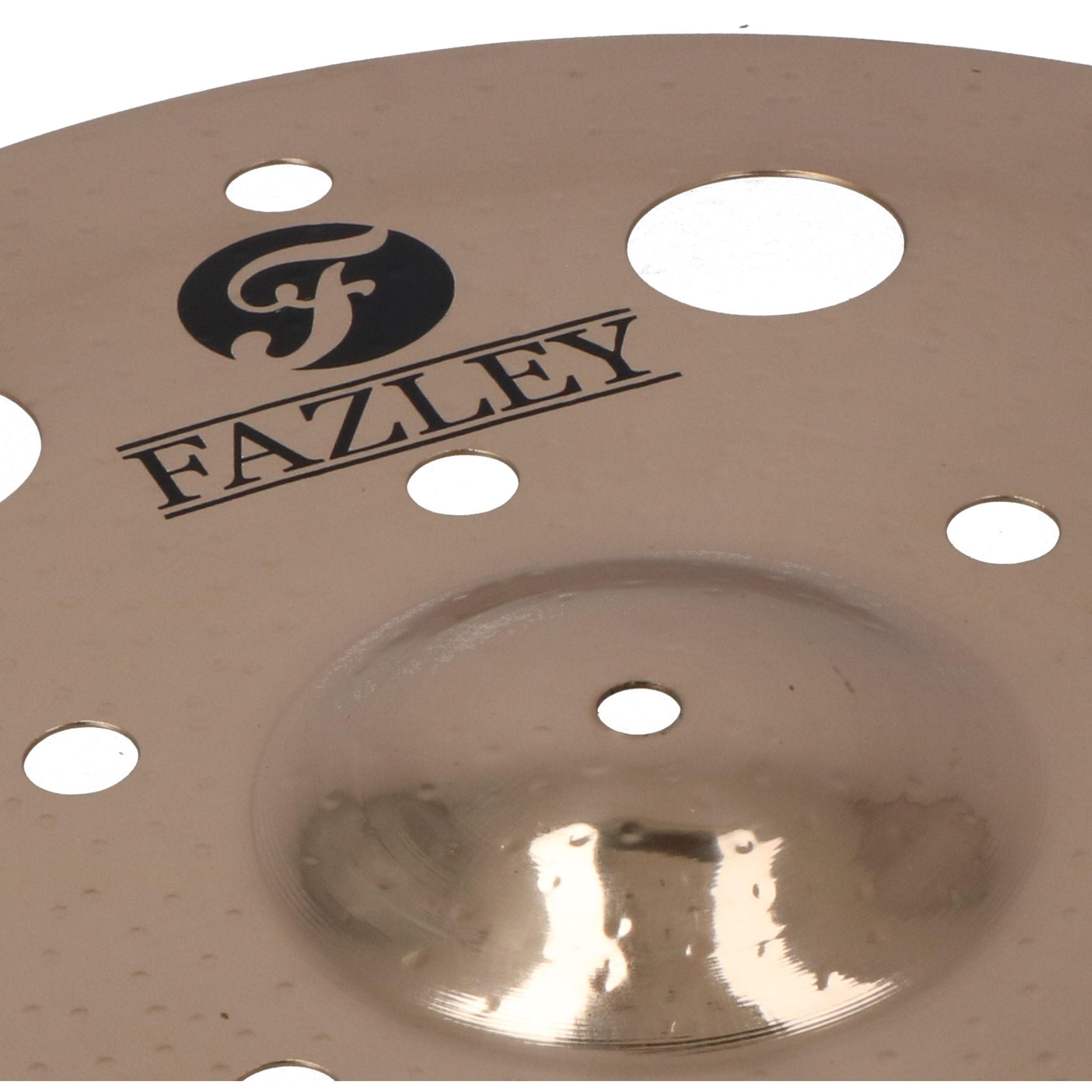 A cymbal with the Fazley logo and several holes.