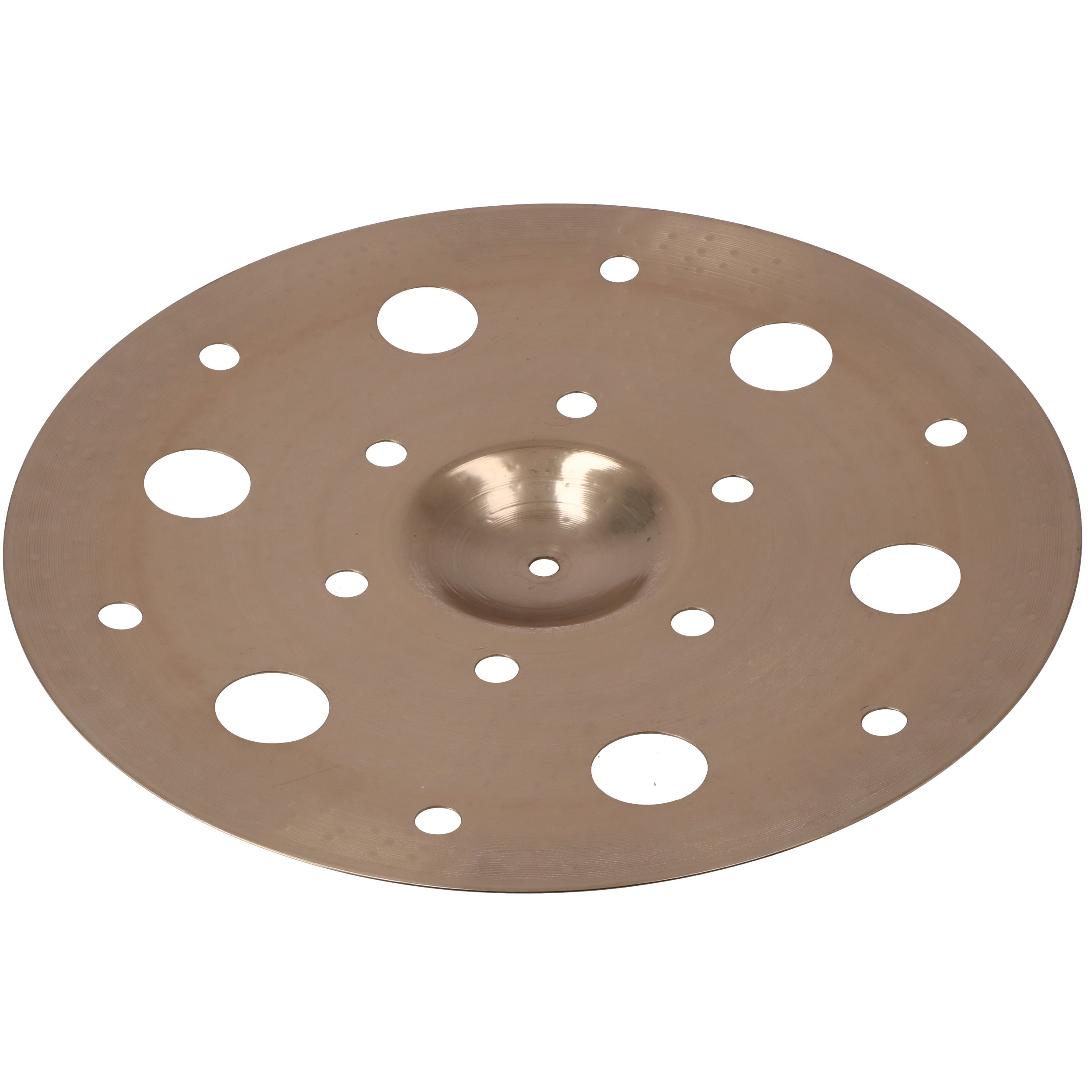 A bronze cymbal with holes, white background.