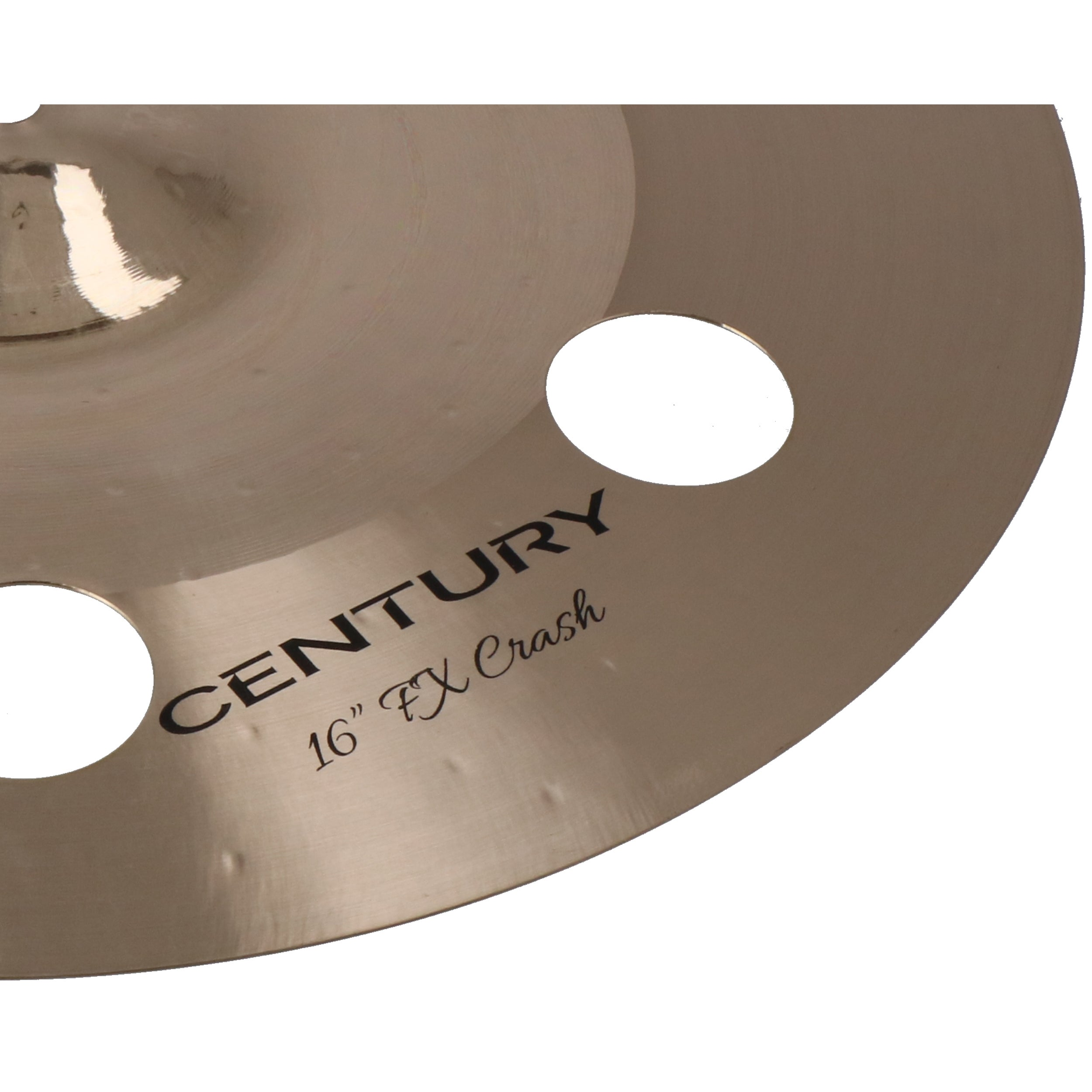 A bronze cymbal edge with "CENTURY" and "16" FX Crash" text.
