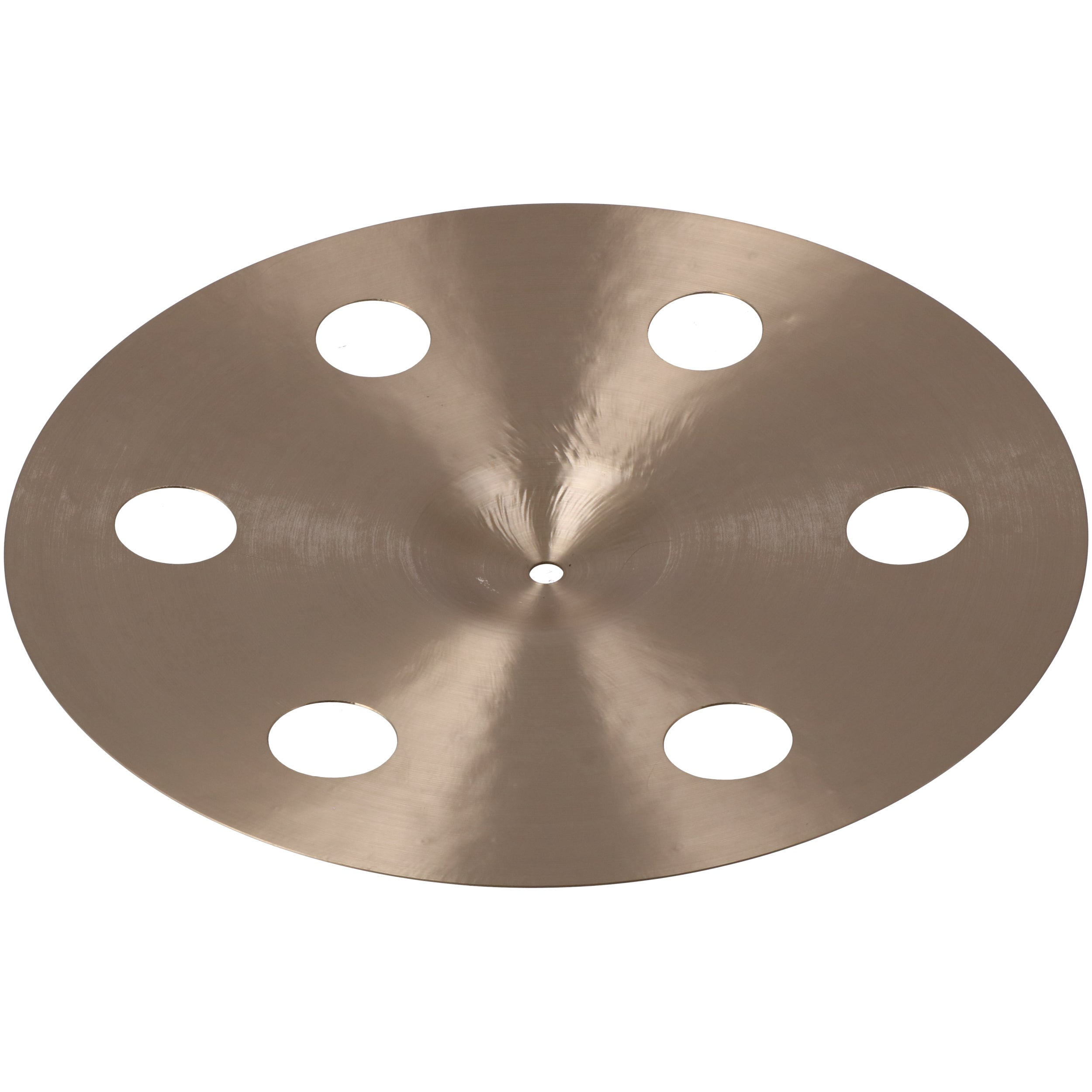 A bronze-colored cymbal with six round holes on a white background.