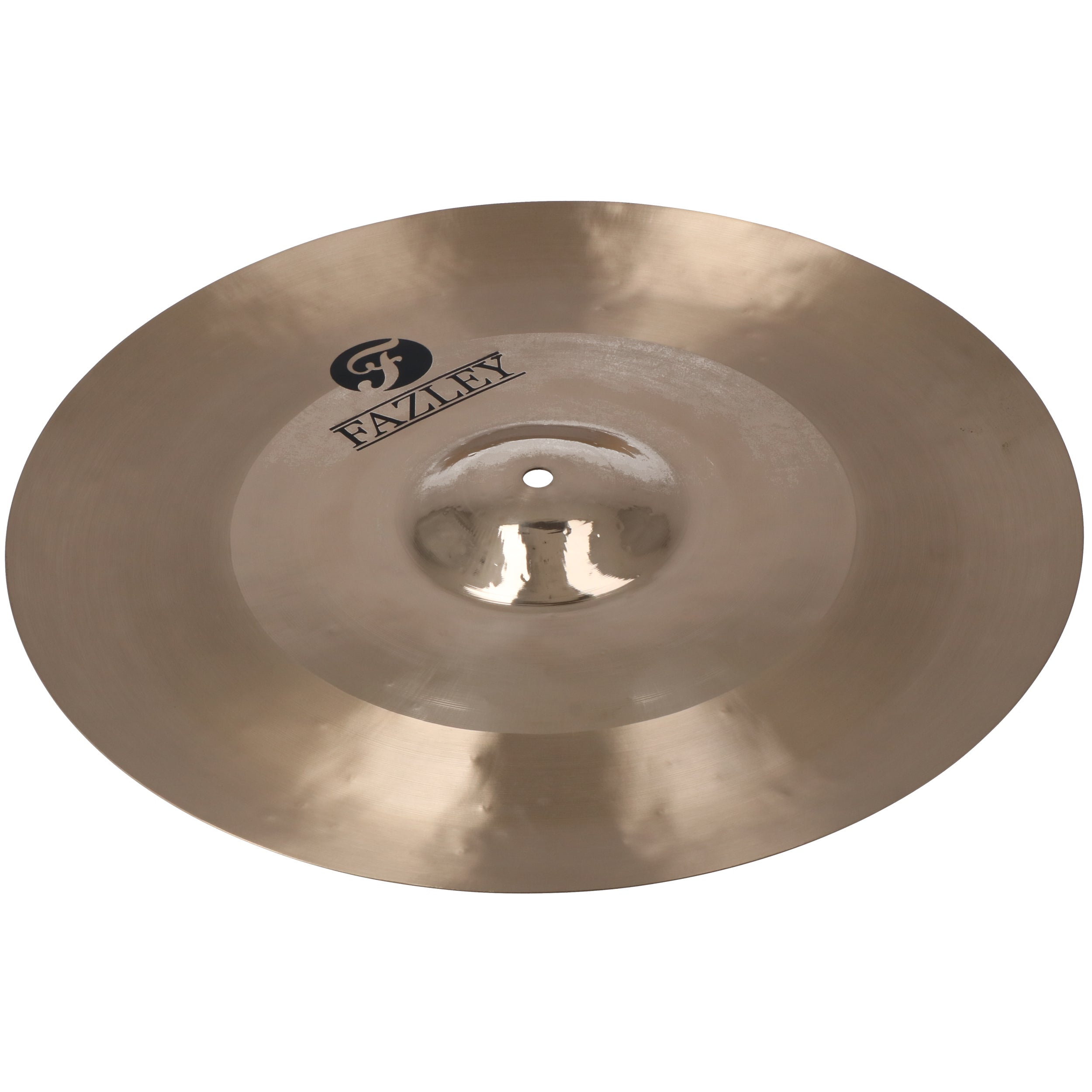 A golden cymbal with the Fazley logo, isolated on a white background.