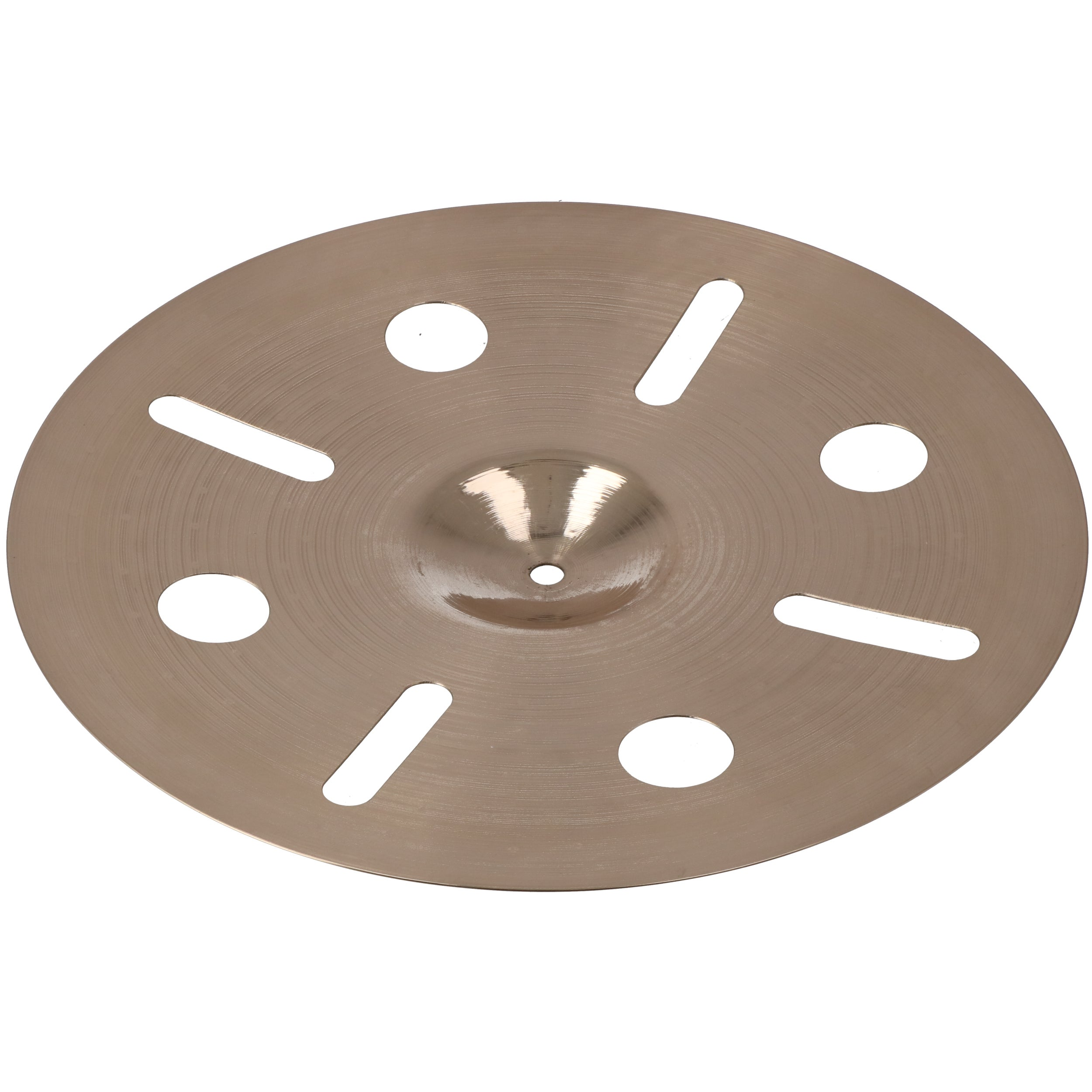 A bronze cymbal with cut-out holes and grooves.