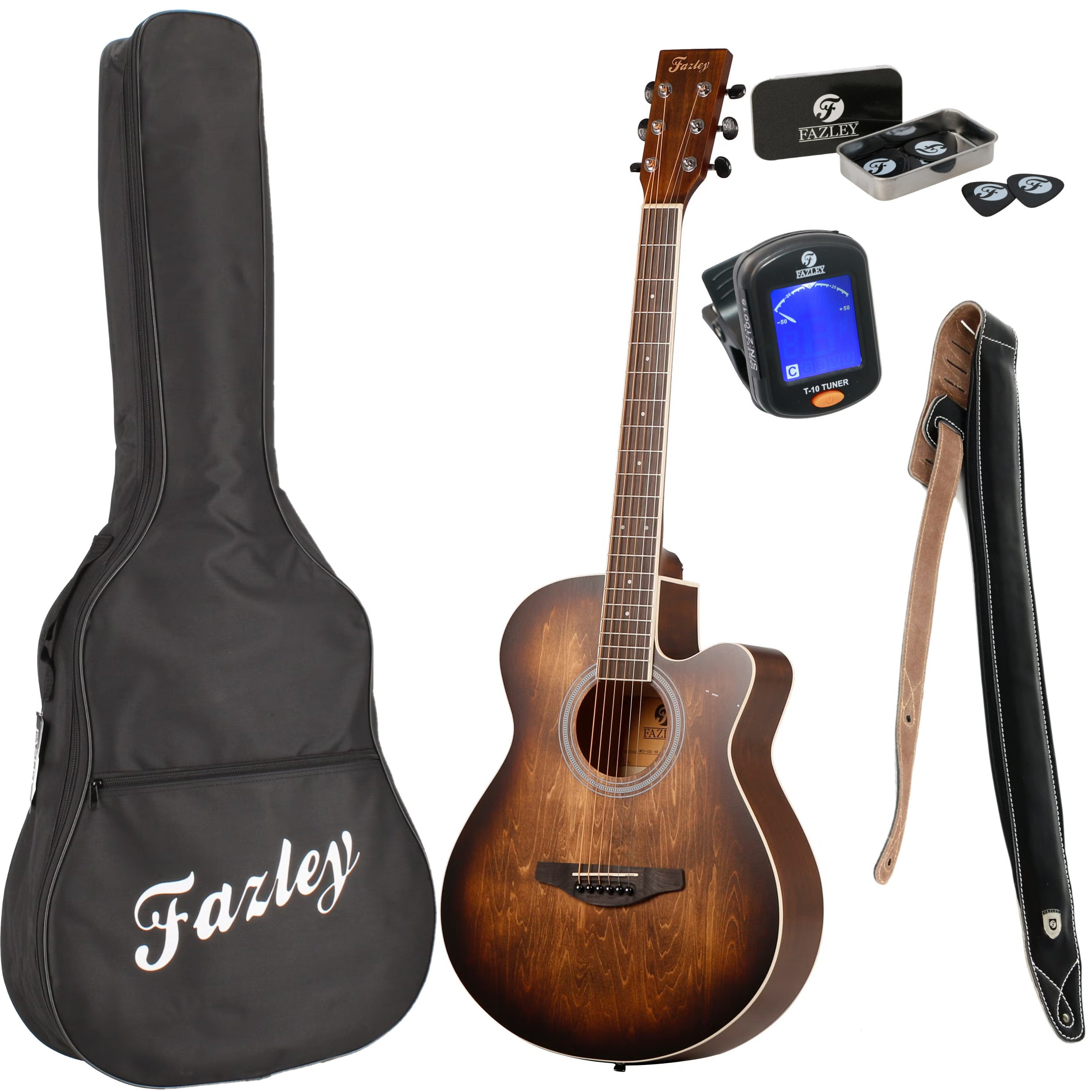 A brown Fazley acoustic guitar set with a gig bag, strap, picks, and tuner.