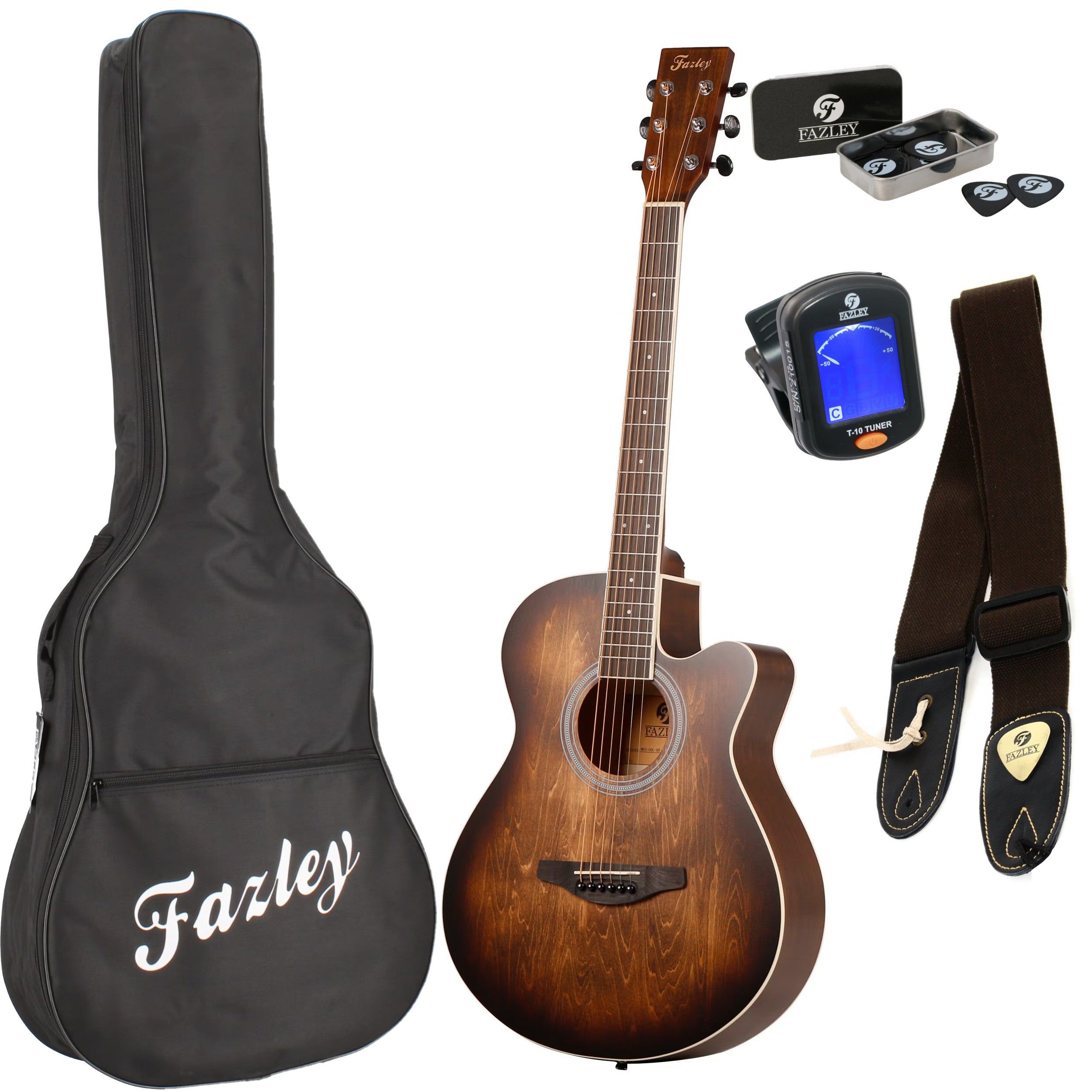 Guitar with accessories: bag, tuner, picks, strap. Wood grain finish.