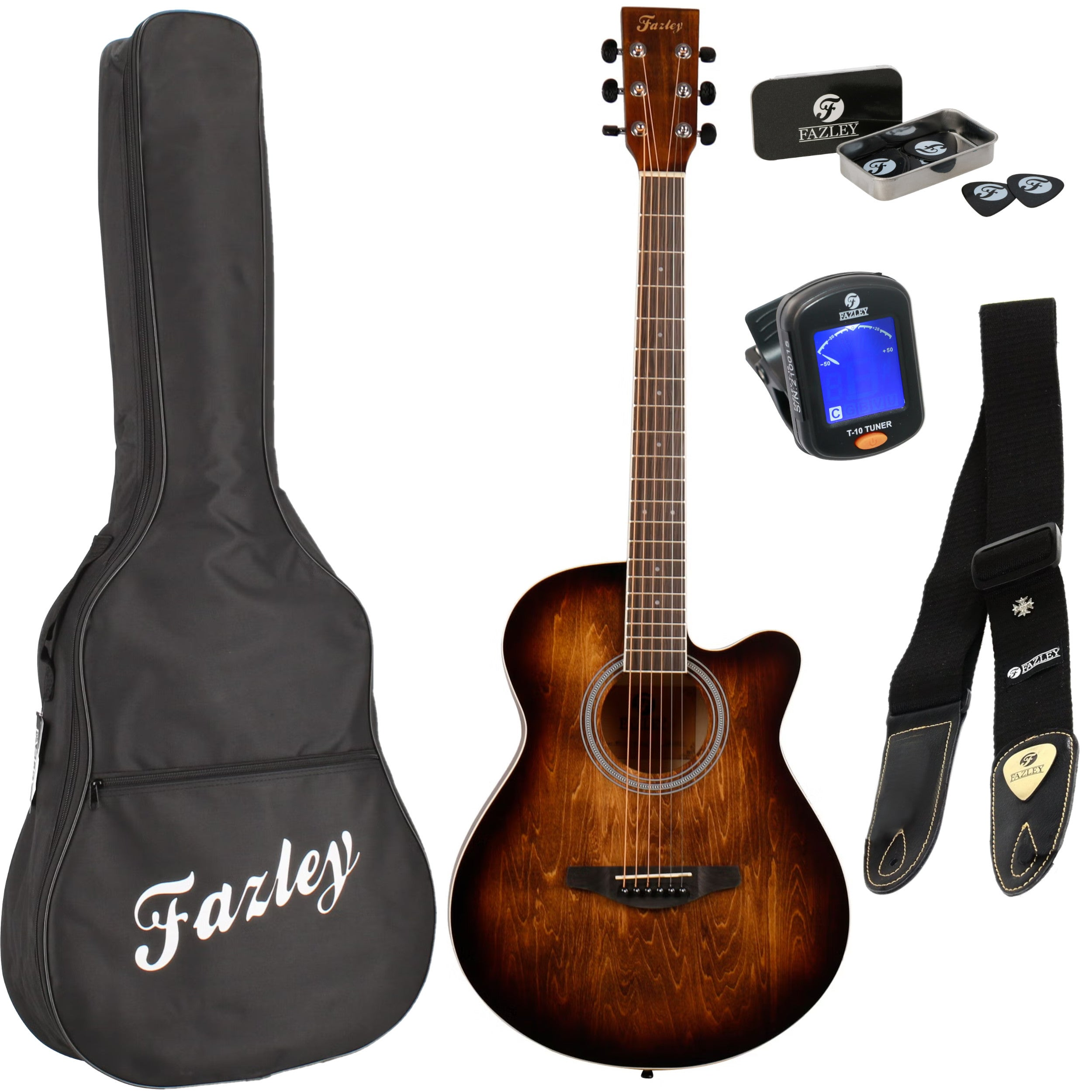 Acoustic guitar with case, strap, tuner, and picks. Brown wood finish.