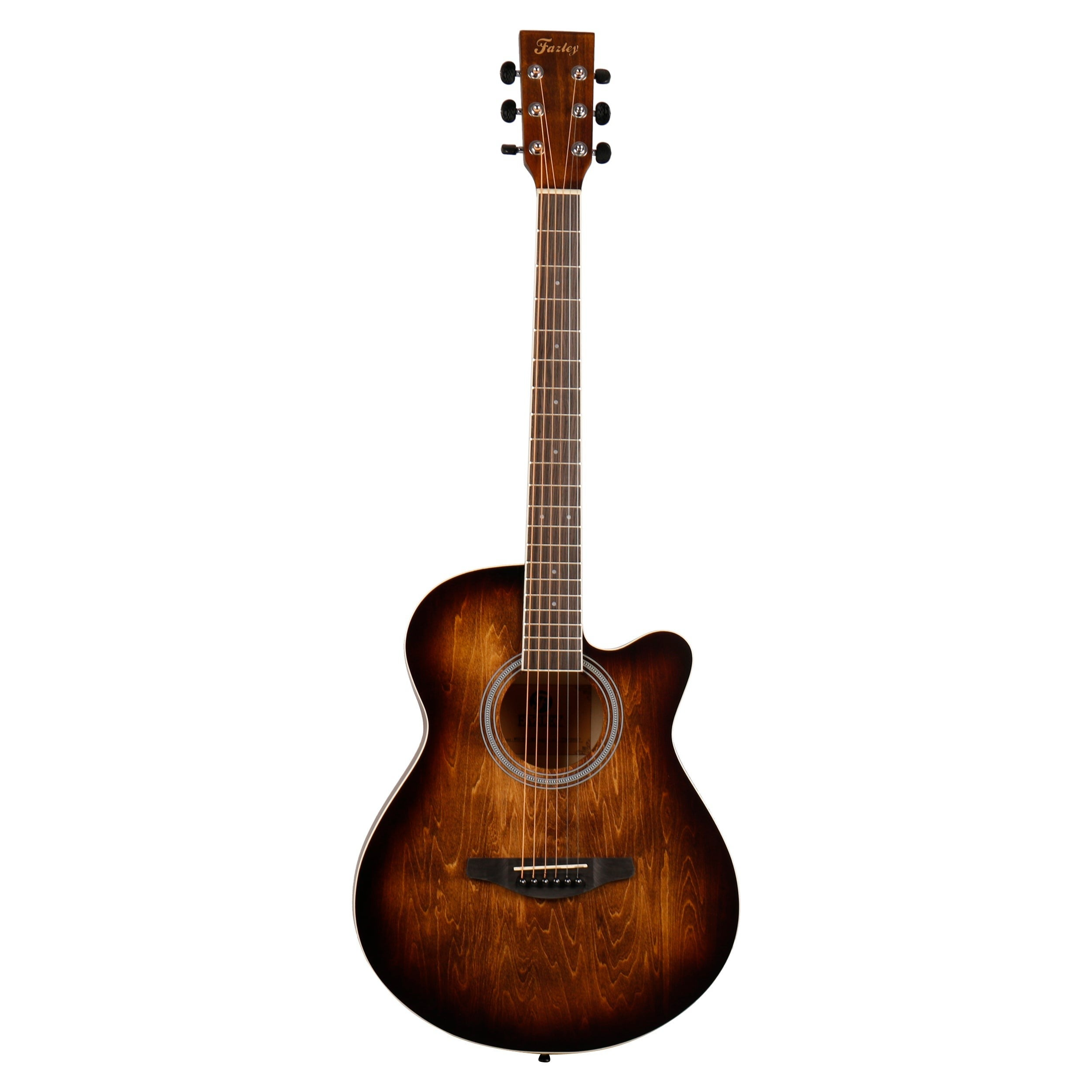 A brown acoustic guitar with a lighter body and darker edges.
