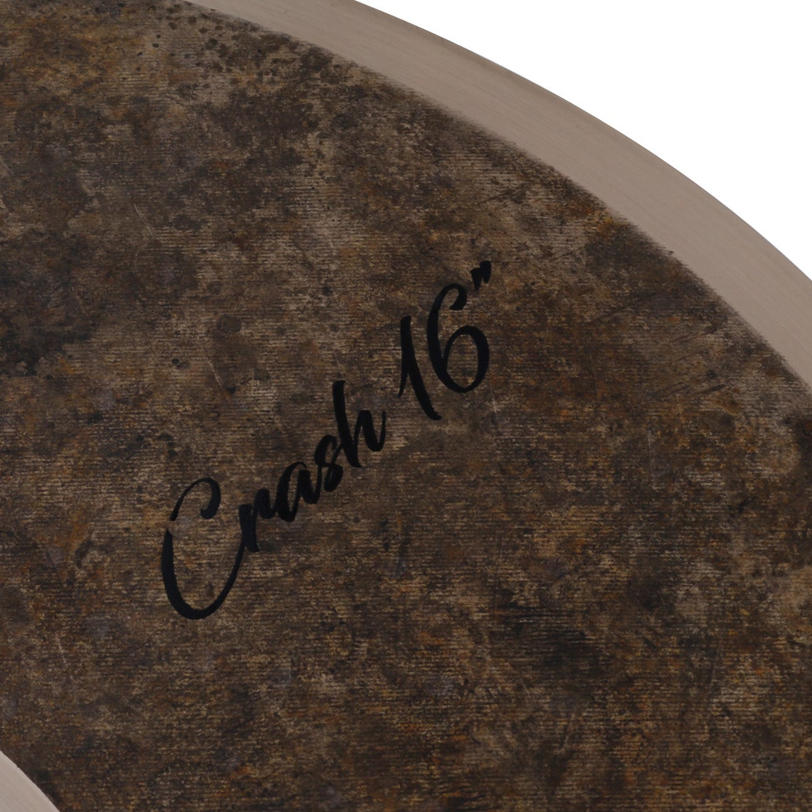 Dark cymbal with "Crash 16" written on it.