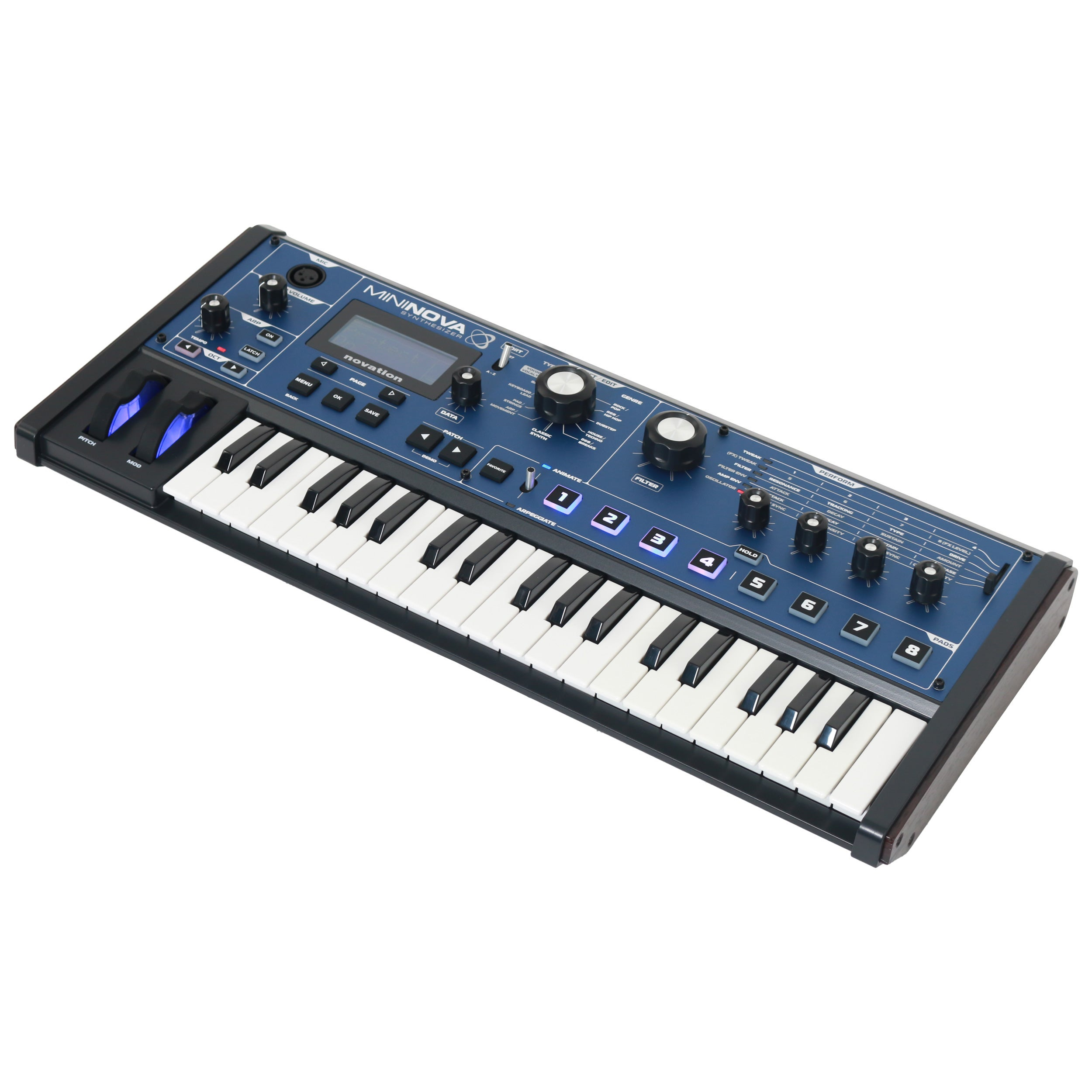 Een blauwe Novation Mininova synthesizer met toetsenbord, knoppen, en scherm.