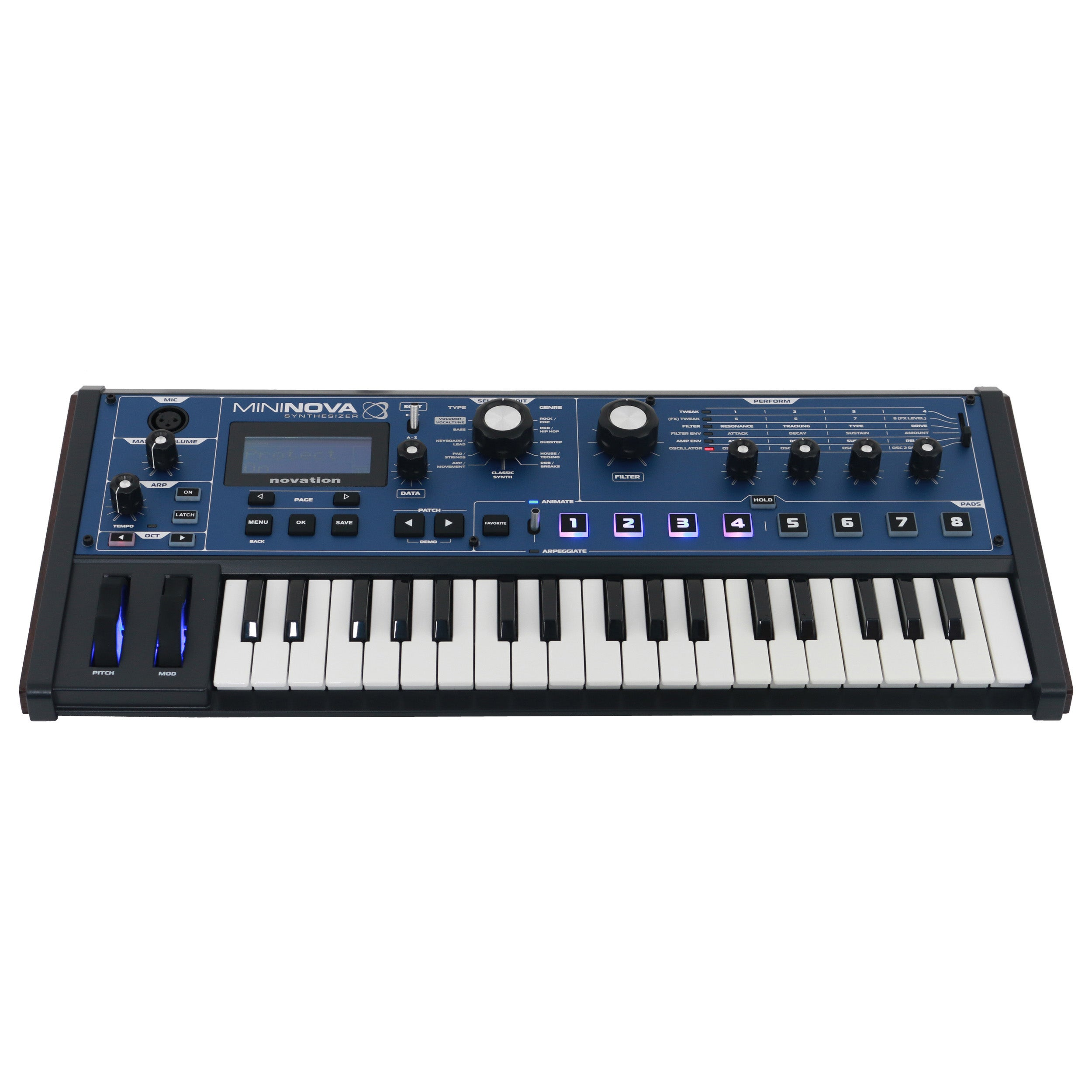 Een blauwe Novation Mininova synthesizer met toetsenbord, knoppen en display.