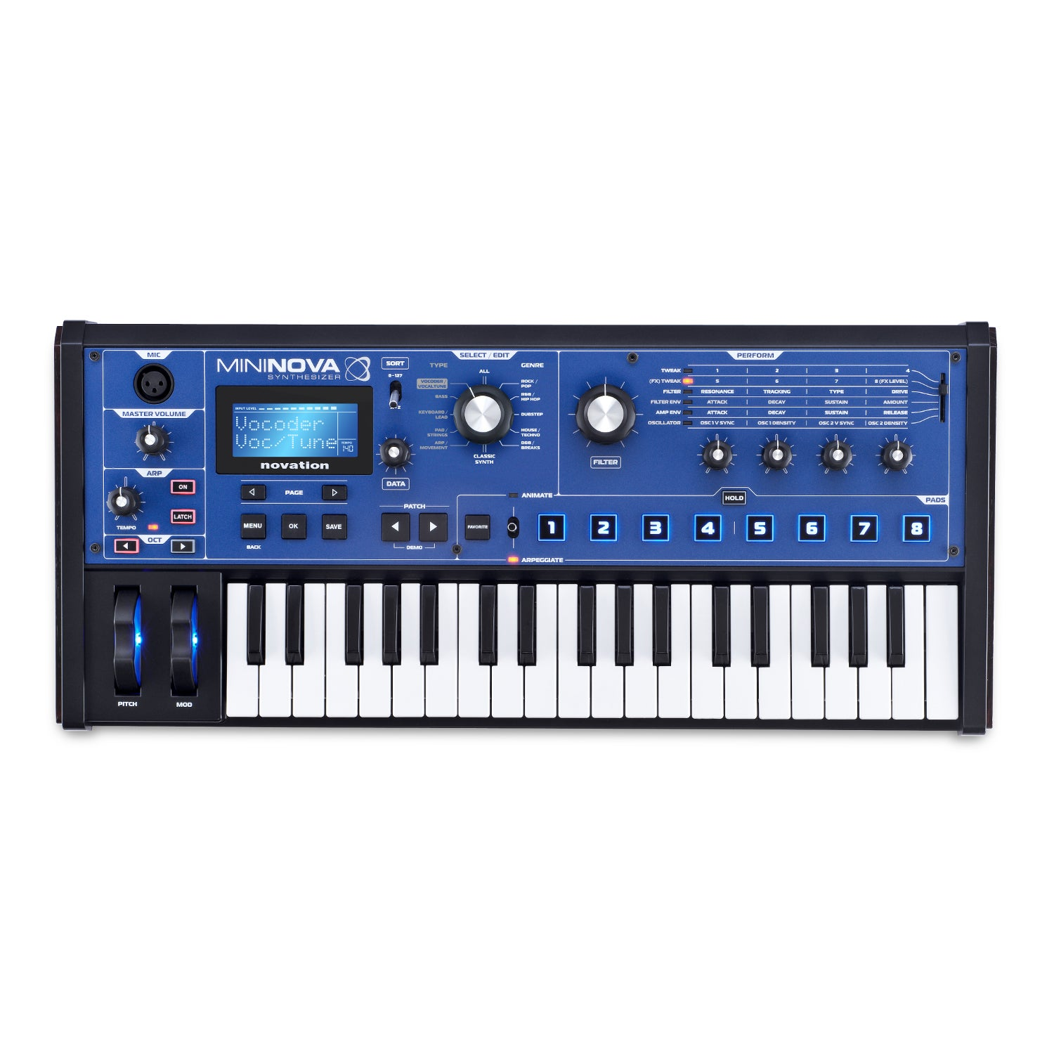 Een blauw Novation Mininova synthesizer toetsenbord met toetsen, knoppen en display.