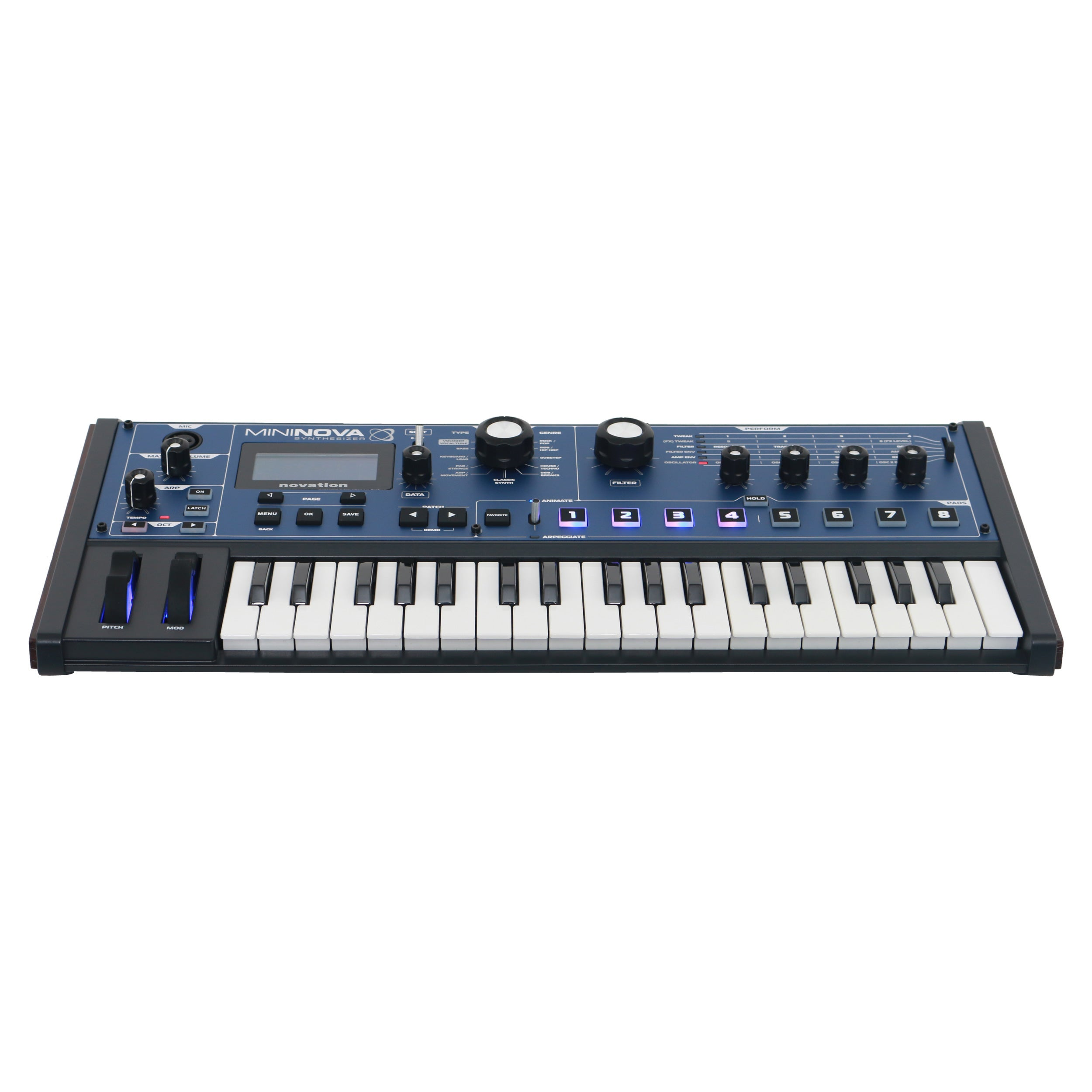 Een blauwe Novation Mininova synthesizer met toetsenbord en knoppen.