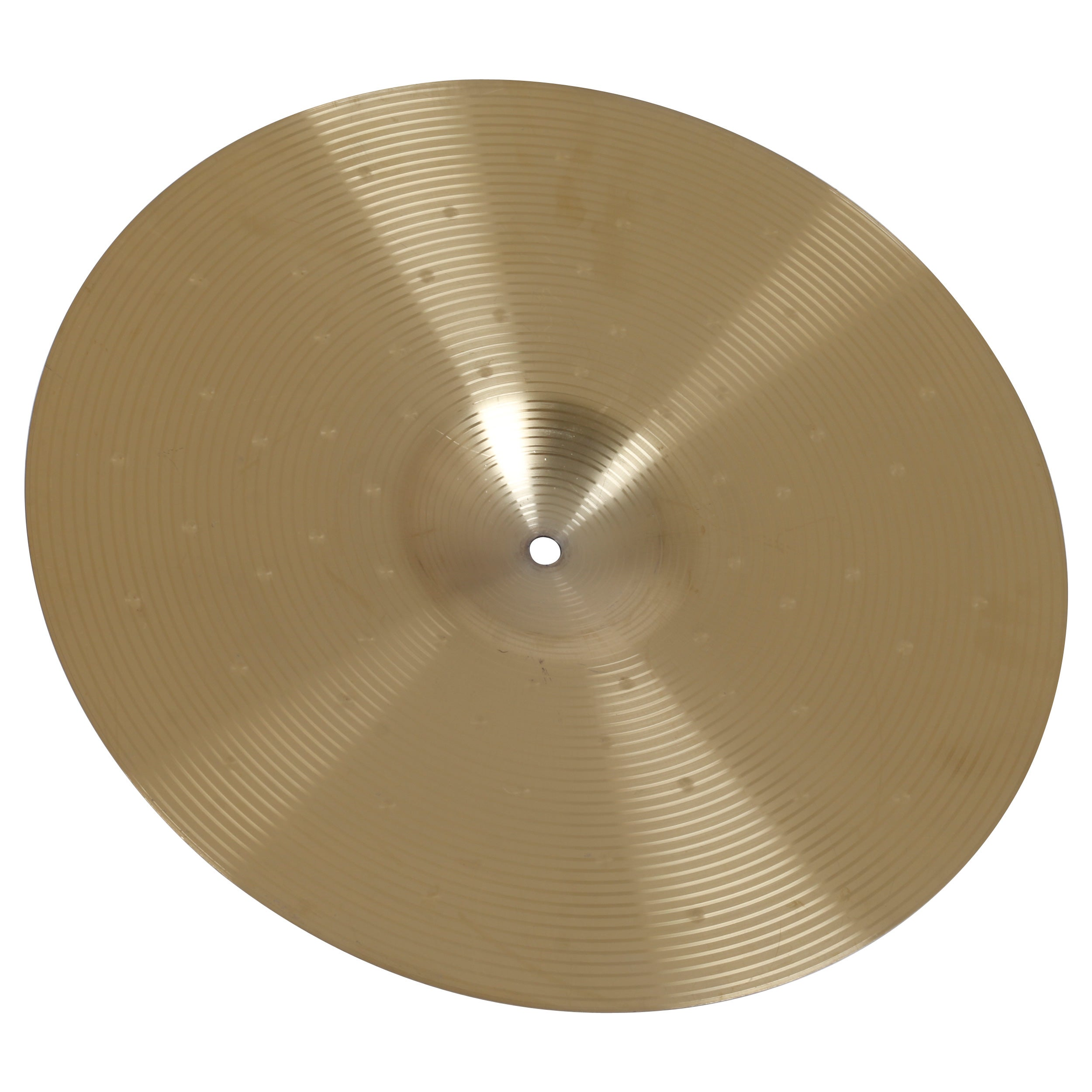 A single light brown cymbal with concentric grooves and a hole in the center.