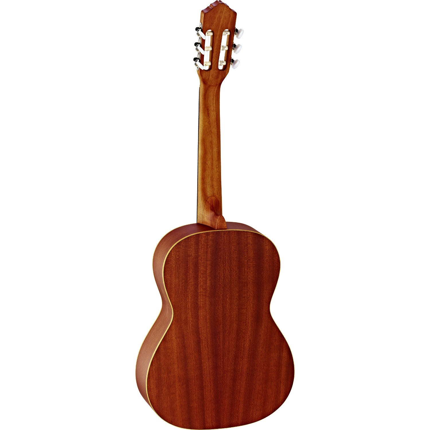 Achterkant van een bruine gitaar met houten hals en stemmechanieken.