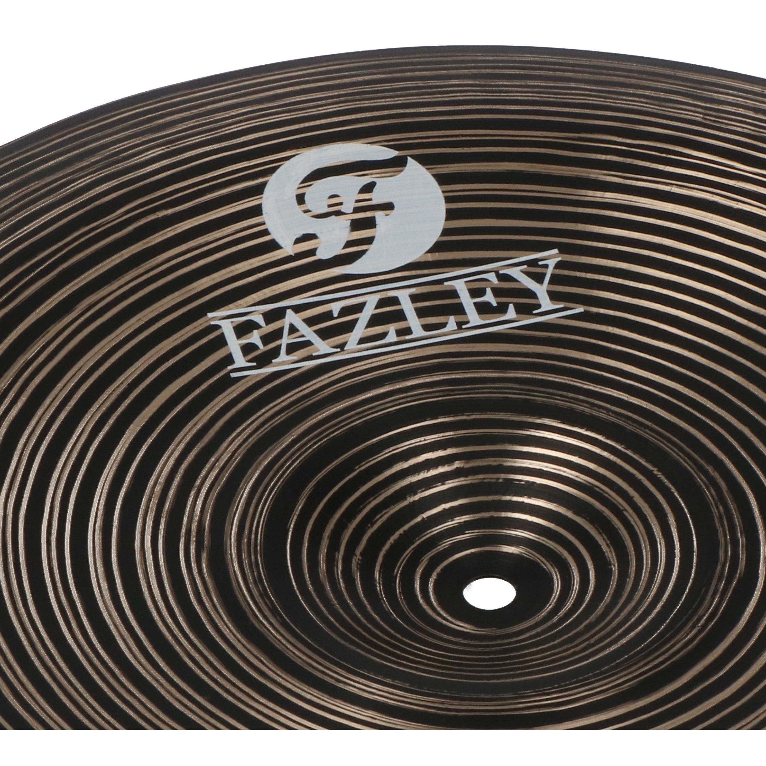 Dark cymbal with concentric grooves and white logo/text.