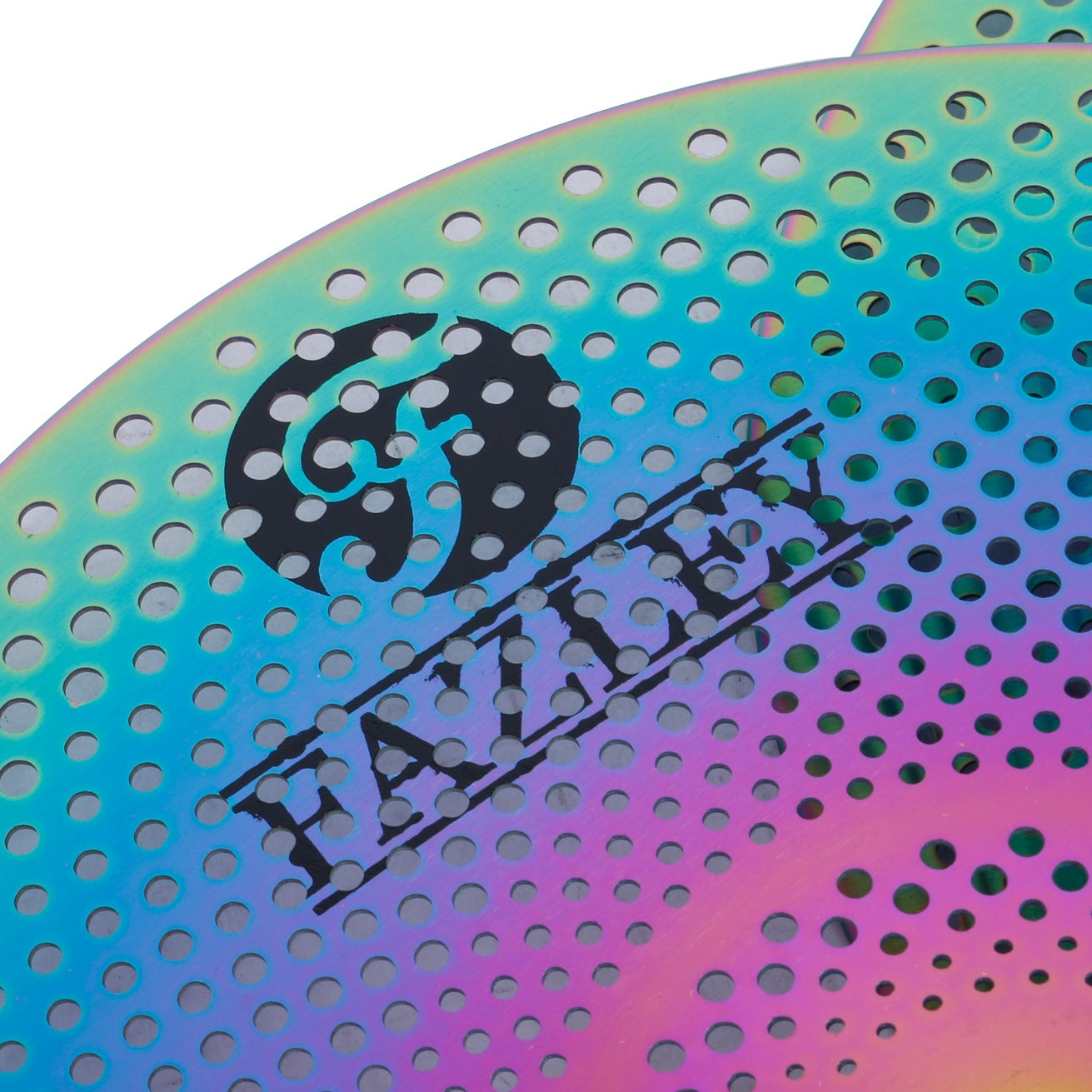 A rainbow colored, perforated object with a black logo and text.