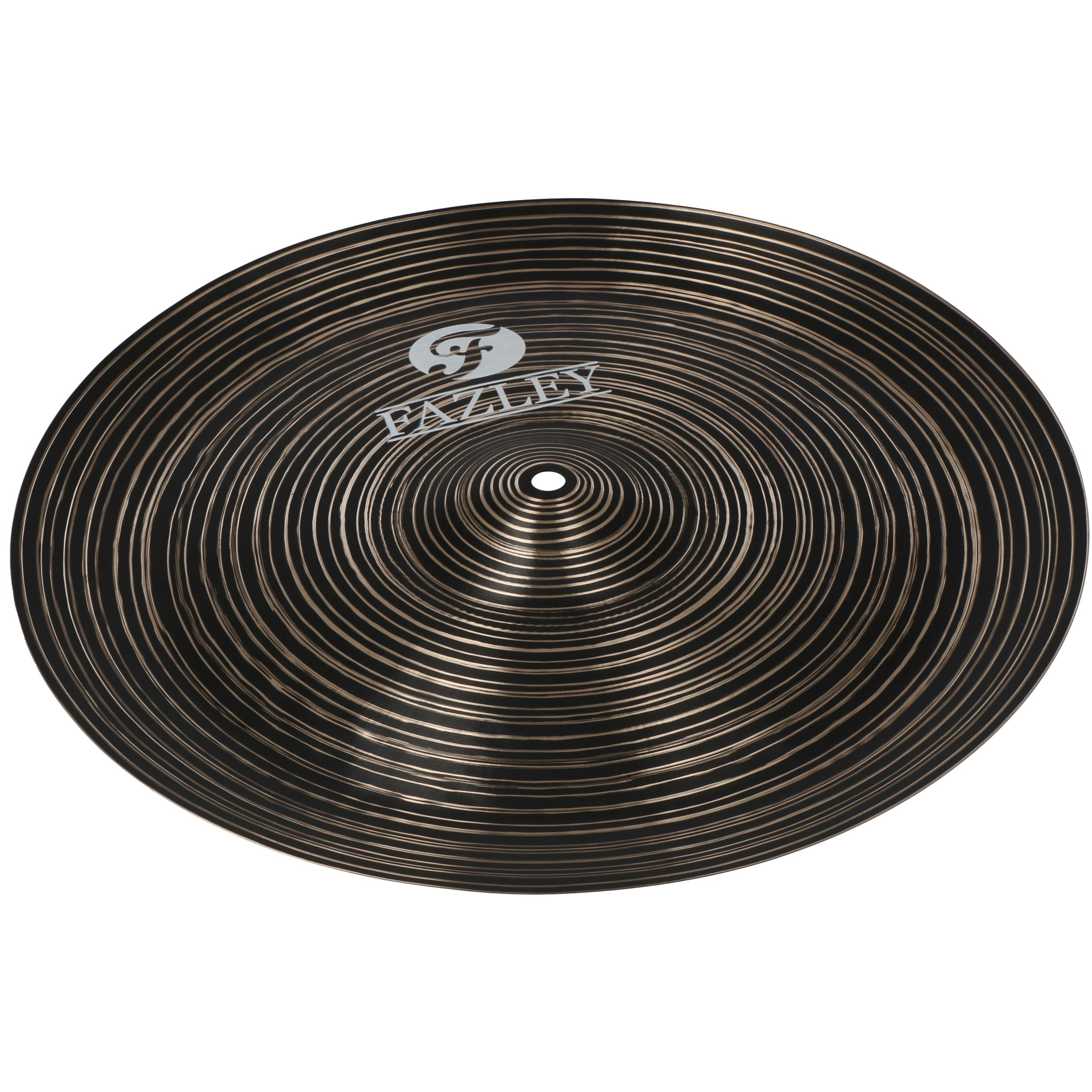Dark cymbal with concentric grooves and a silver logo.
