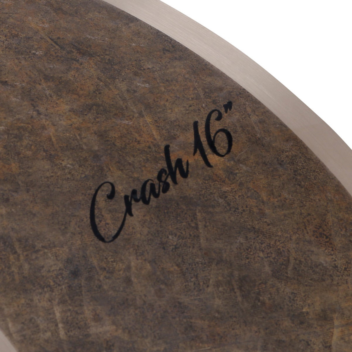 Dark cymbal with "Crash 16" written in script font.