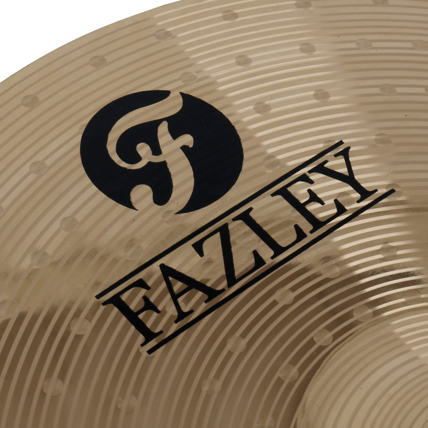 Gold cymbal with black logo and striped pattern.