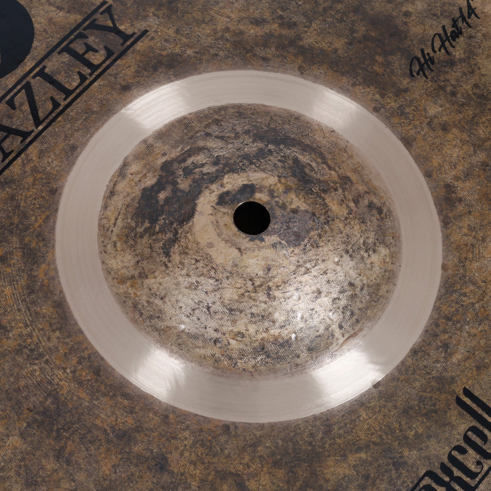 Close-up of a cymbal with "AZLEY" and "Hi Hat 14" text.