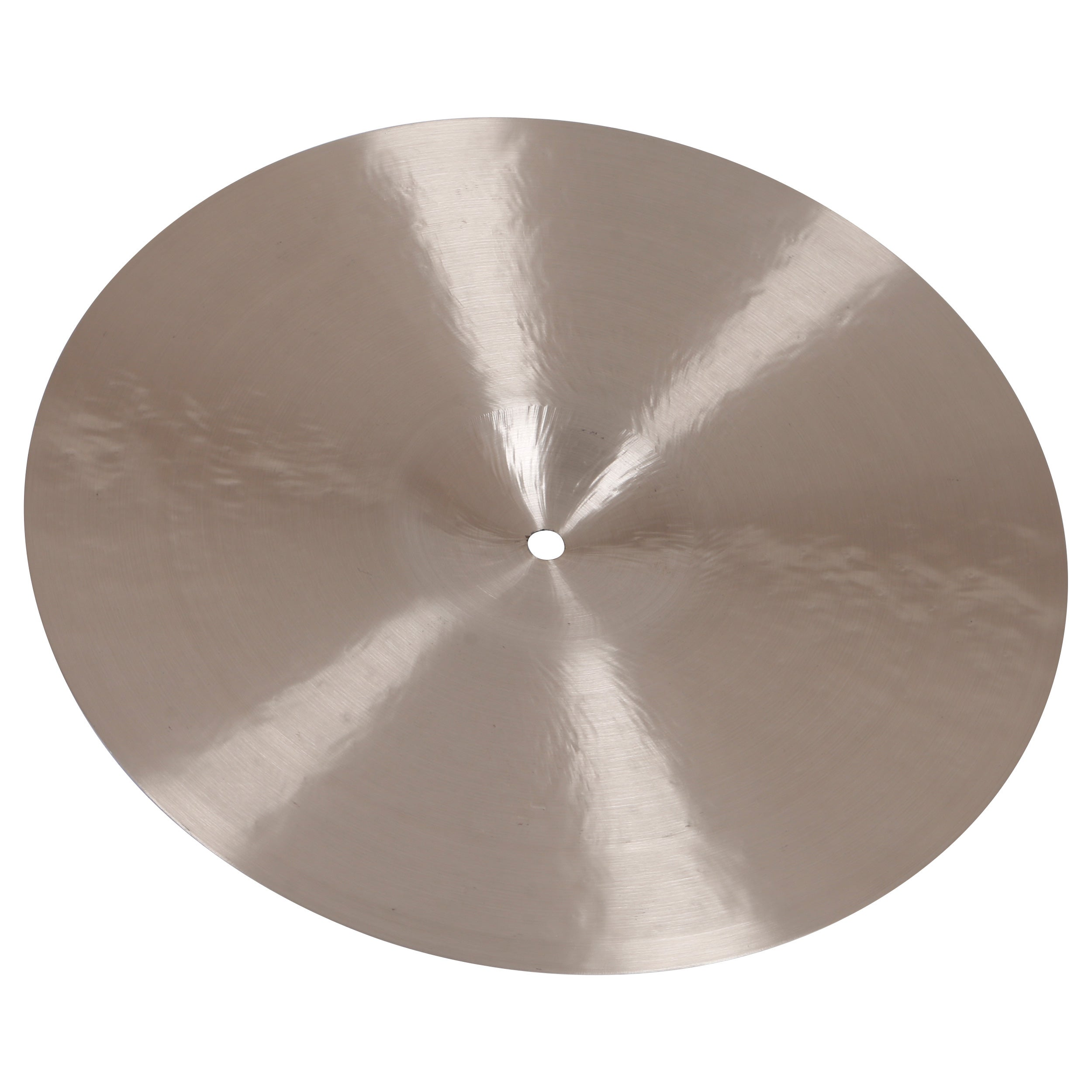 A single silver cymbal with a small hole in the center, on a white background.