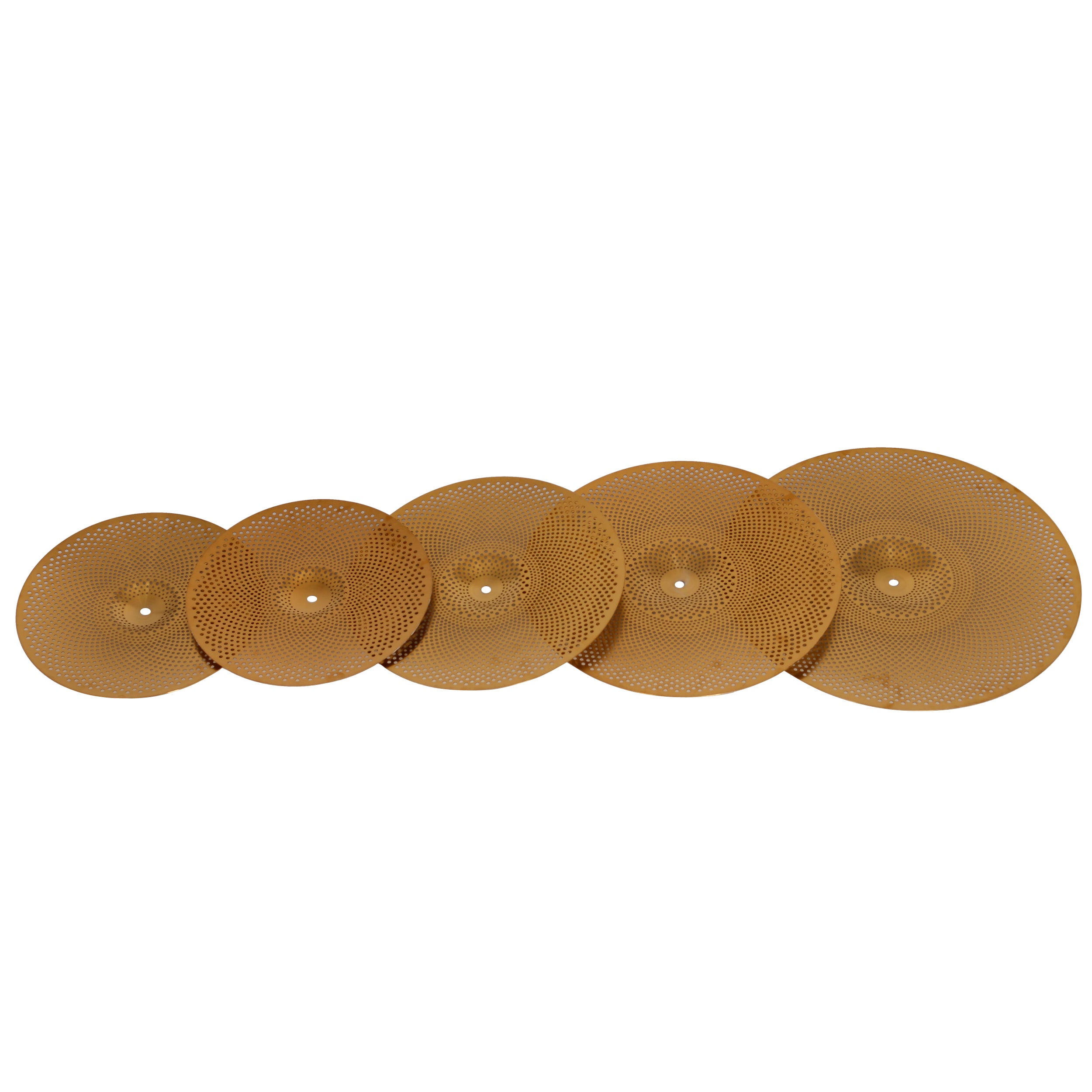 Five golden-brown cymbals with a perforated pattern arranged side-by-side.