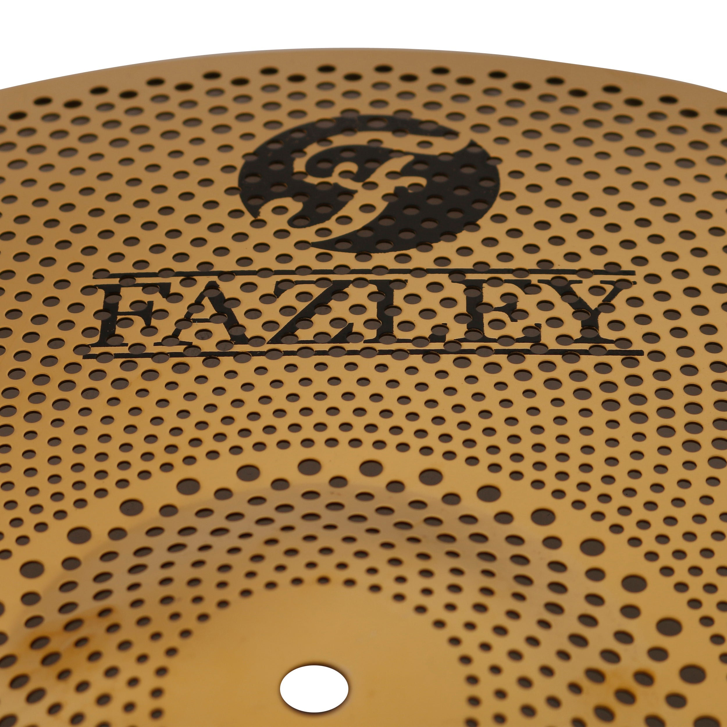 Gold cymbal with a hole pattern and black logo.
