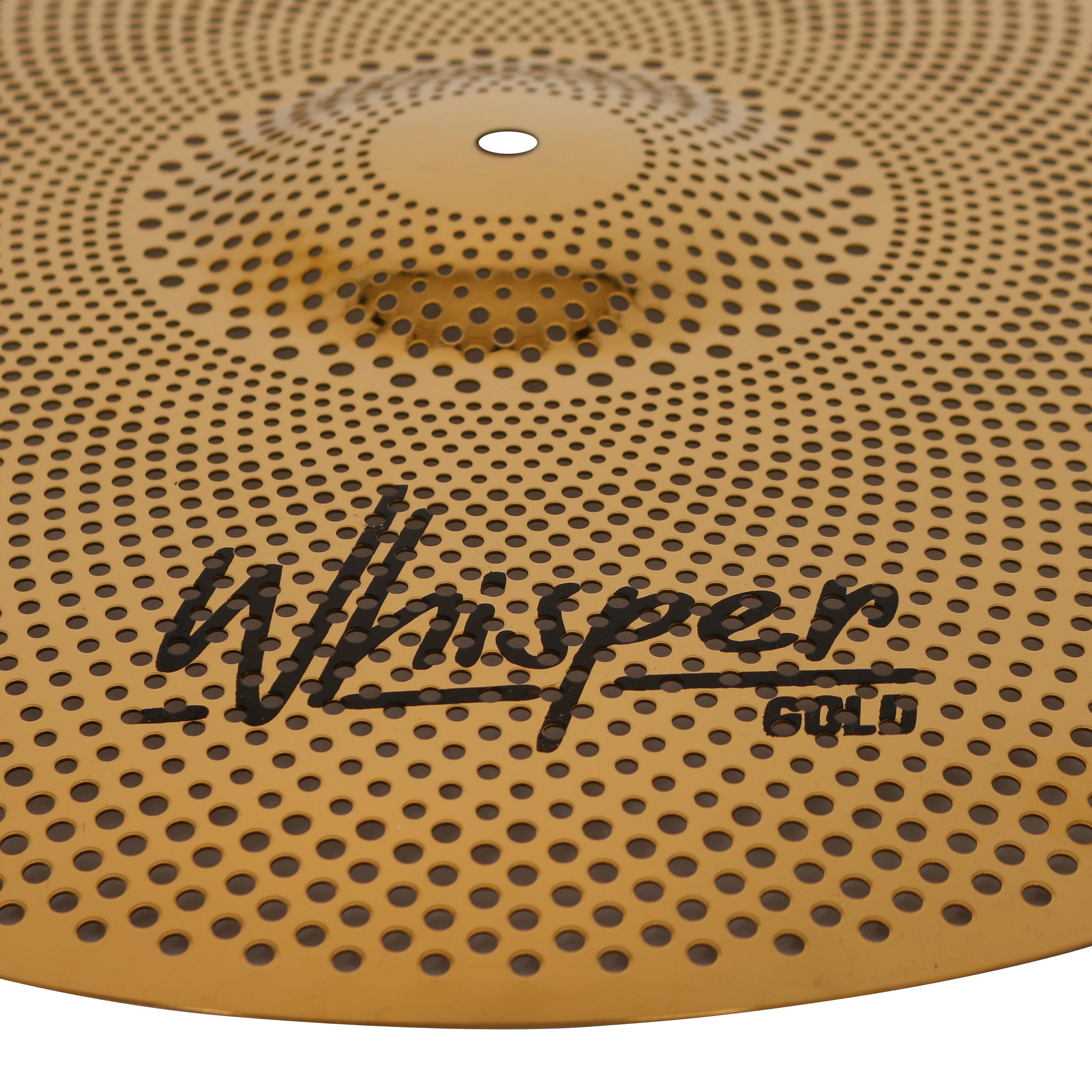 A golden cymbal surface with a hole pattern and the text "Whisper Gold".
