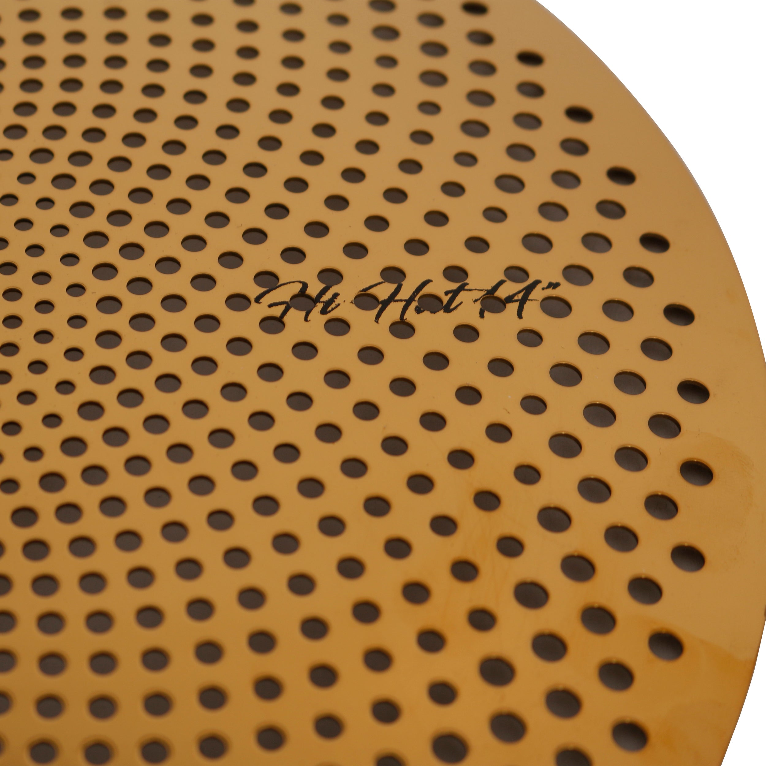A golden hi-hat cymbal with a pattern of holes and text.