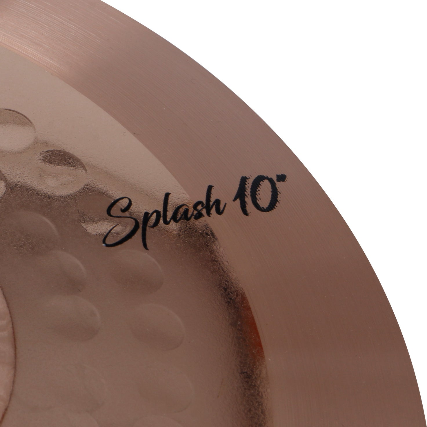 A bronze cymbal surface with 'Splash 10"' text printed on it.