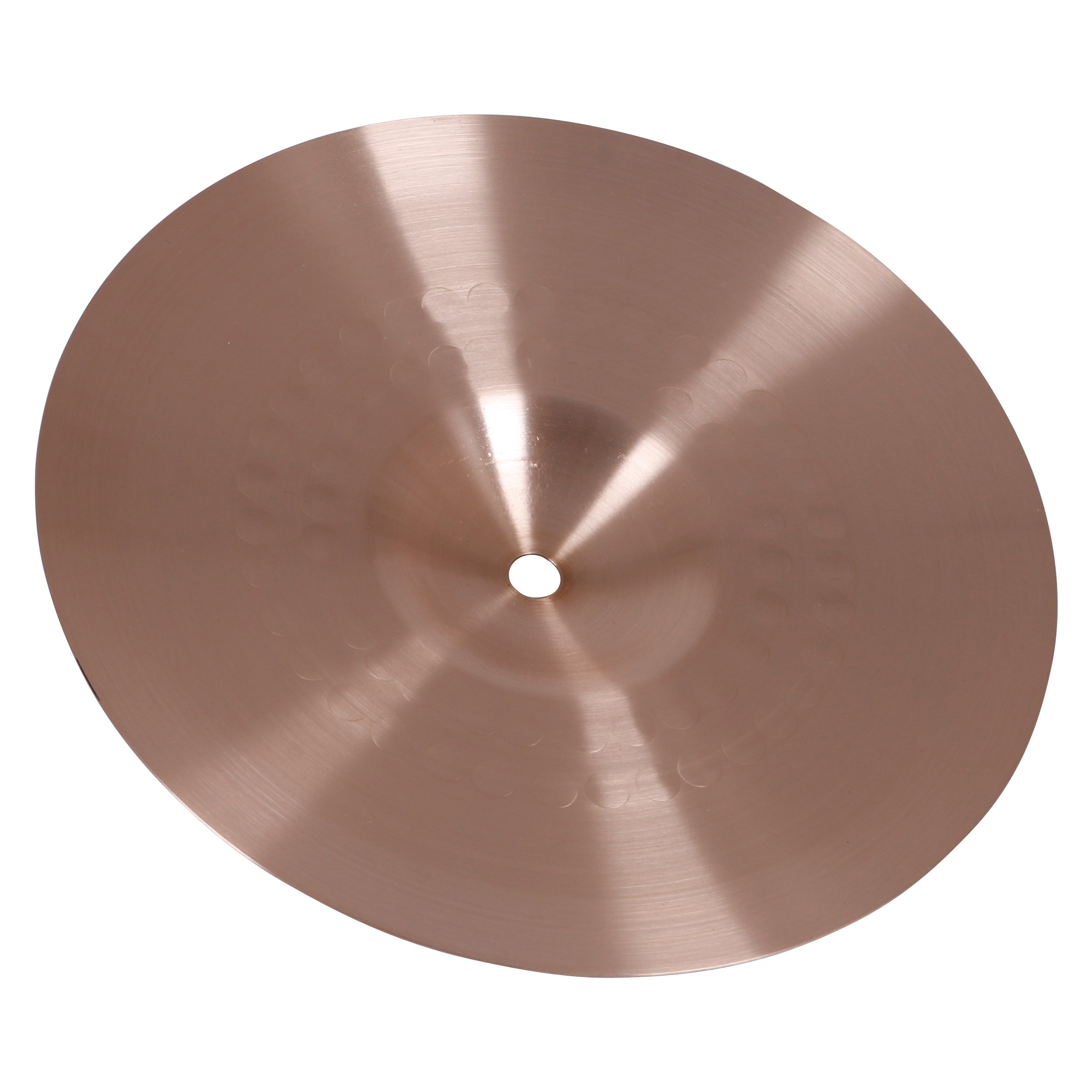 A bronze-colored cymbal with a hole in the center and concentric rings.