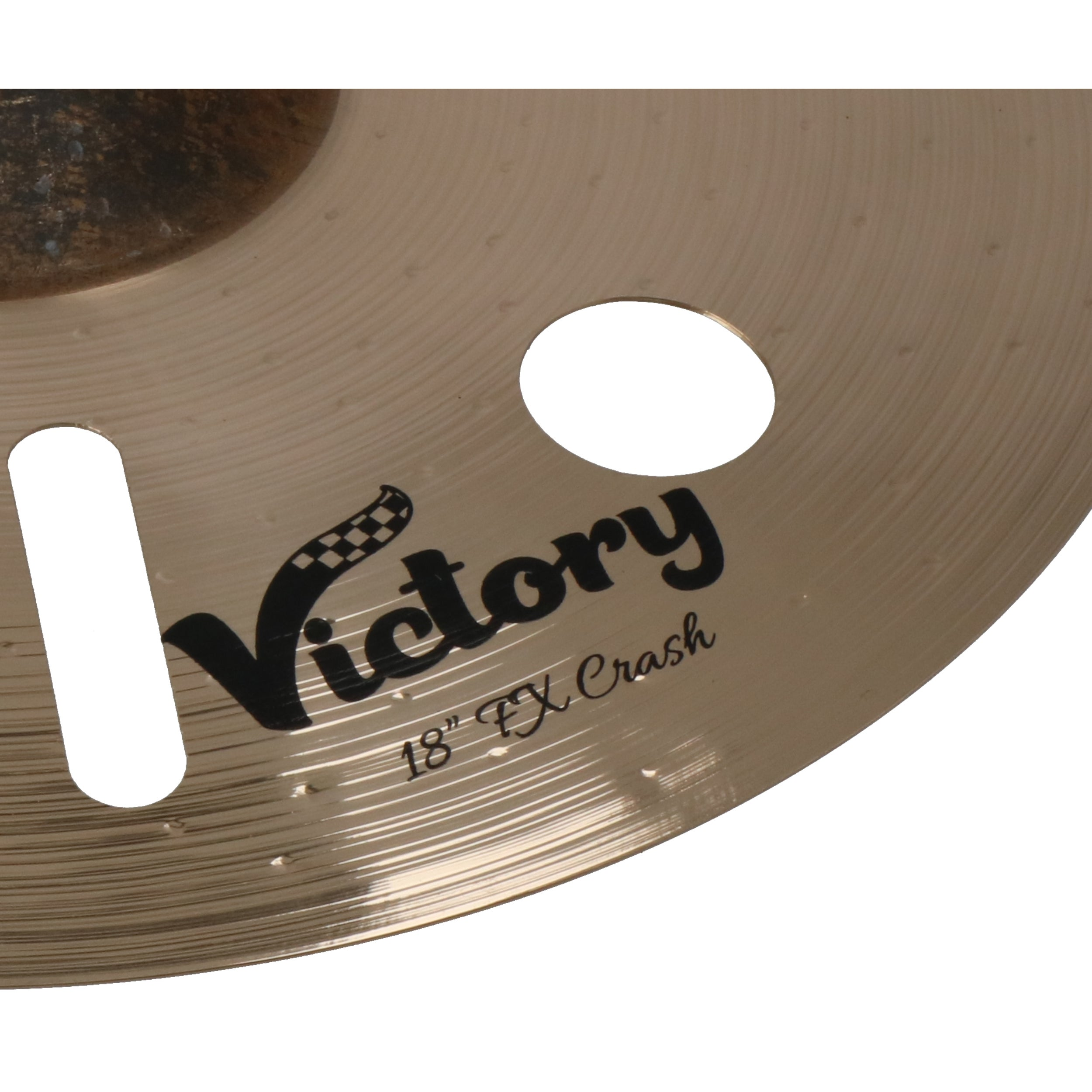 A close-up shot of a bronze cymbal with the 'Victory 18" FX Crash' logo.
