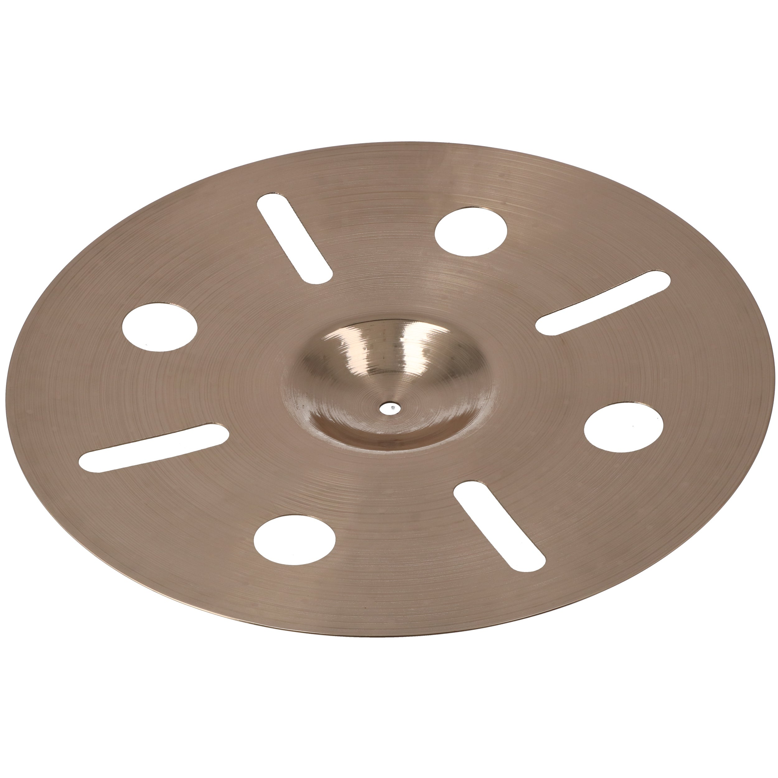 A bronze cymbal with holes, on a white background.
