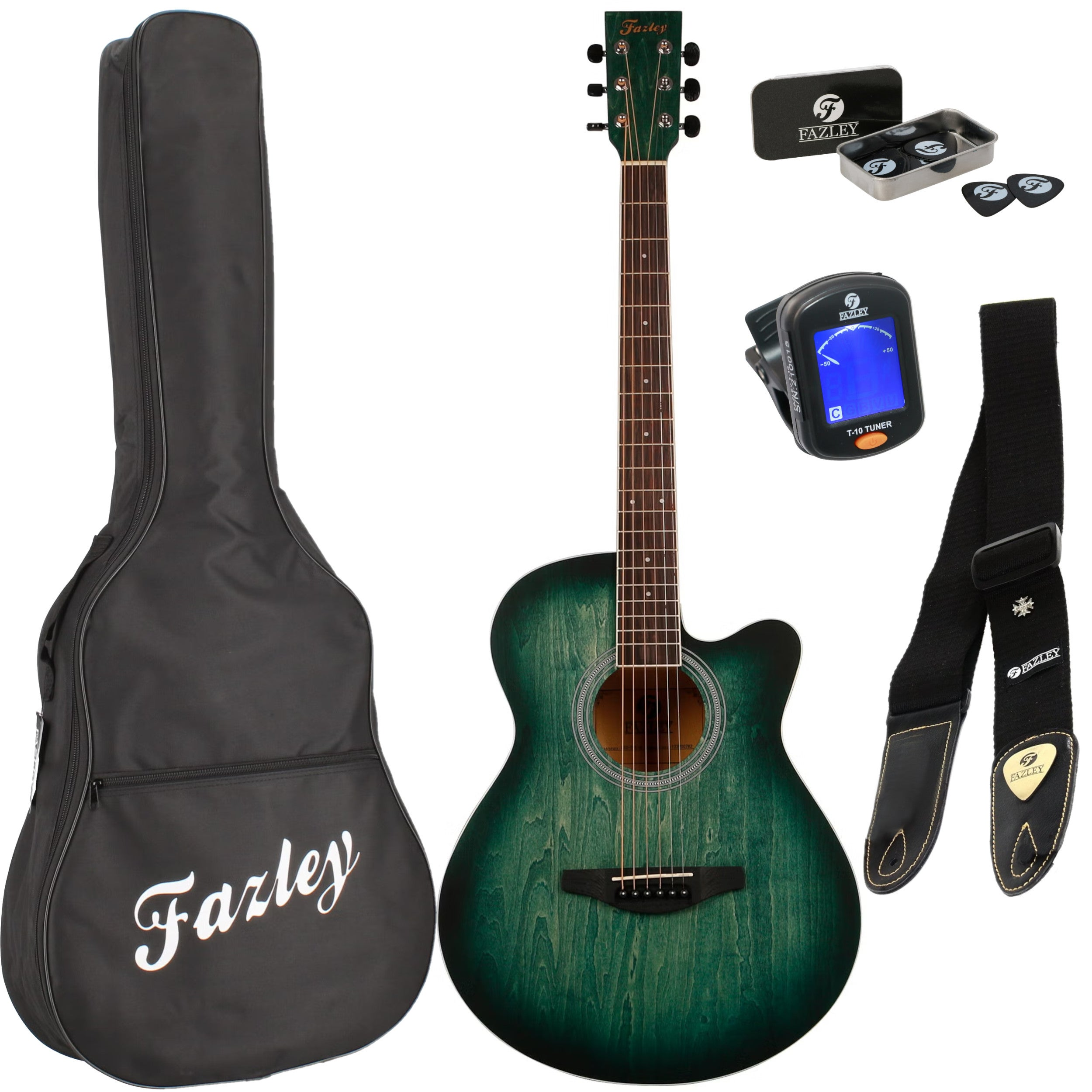 Green acoustic guitar with accessories: bag, picks, tuner, and strap.