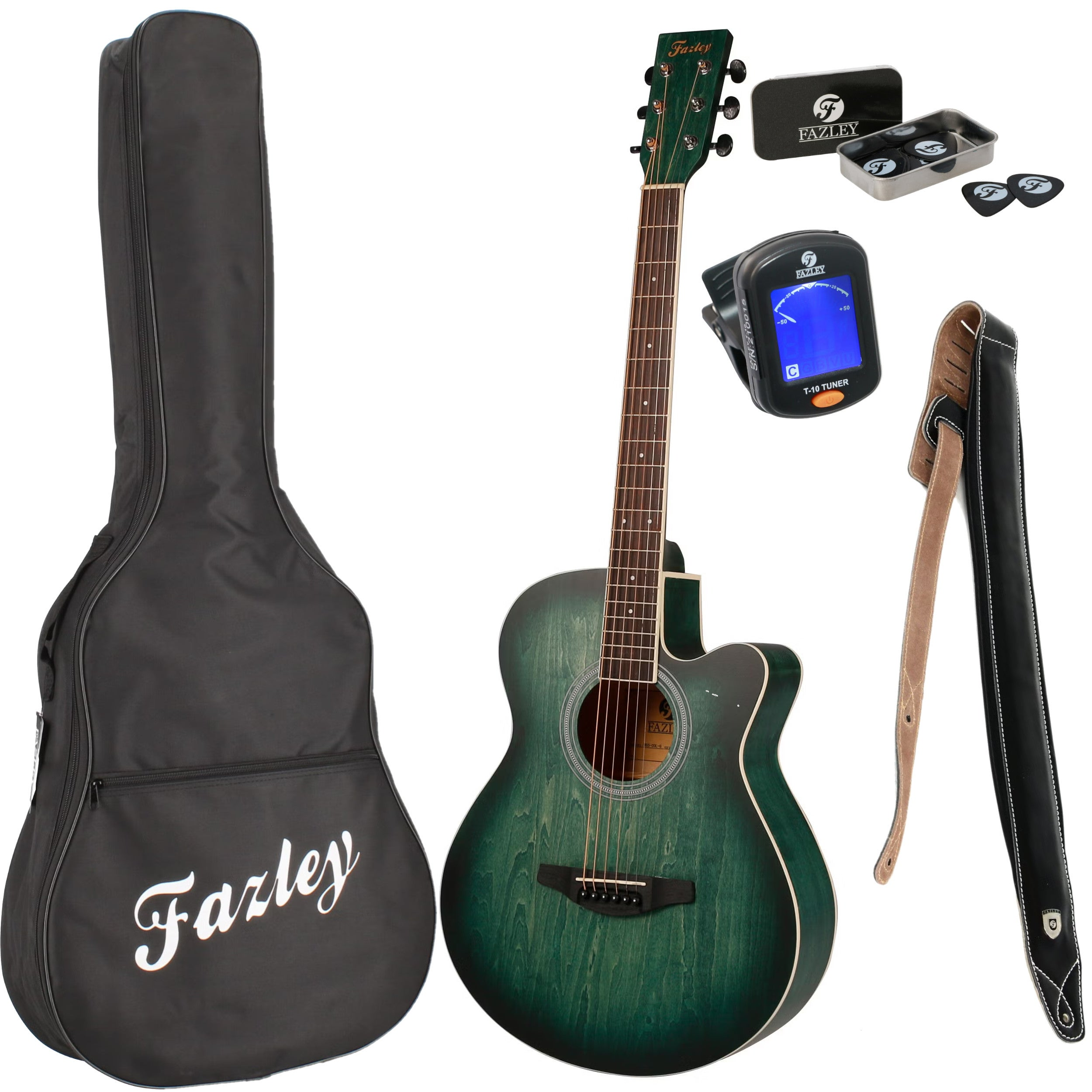 A green acoustic guitar with accessories: bag, strap, tuner, and picks.